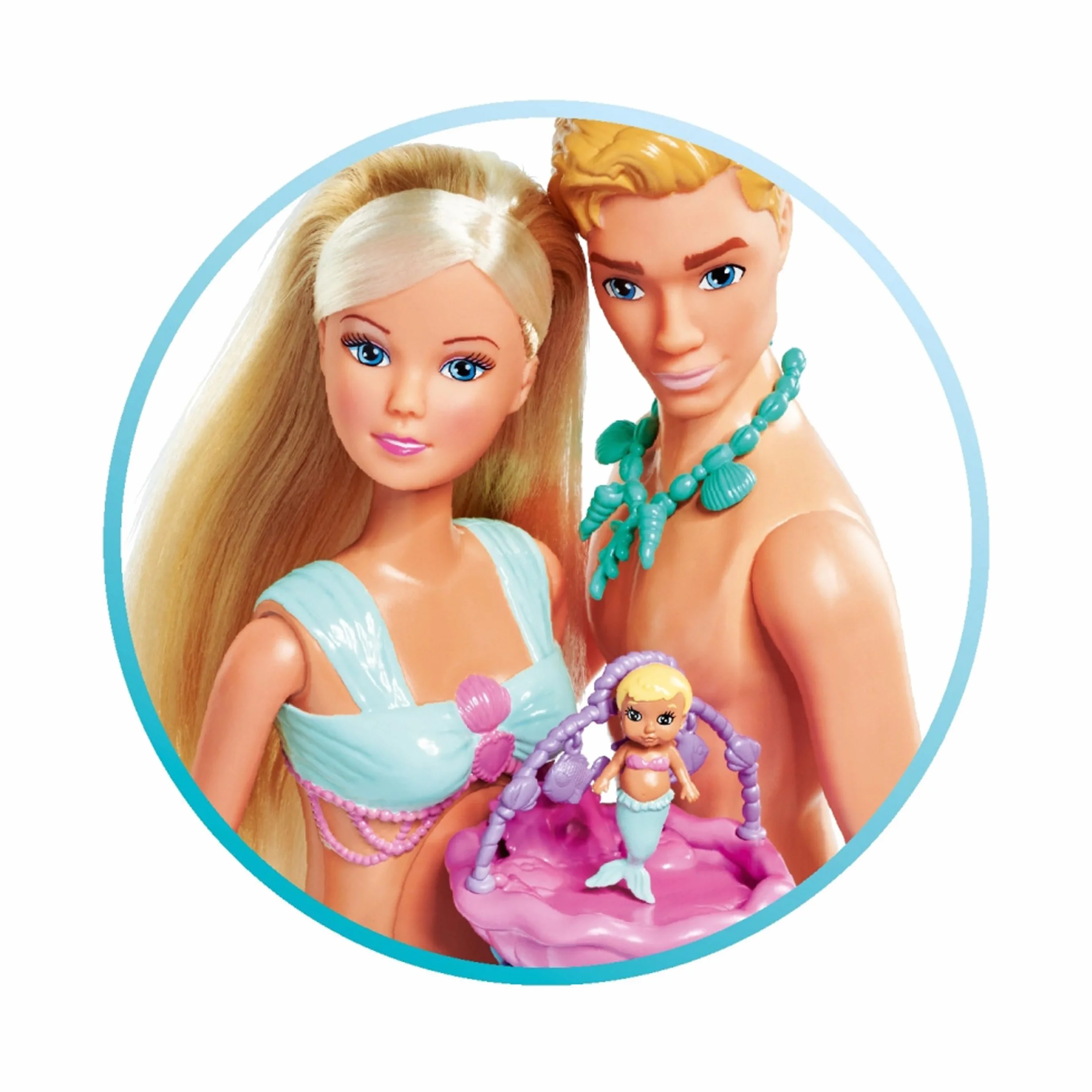 Simba 105733524 - Steffi Love Mermaid Family, lalka jako ciężarna syrenka z Kevinem jako syrenka, z łóżeczkiem dziecięcym, 29 cm, lalki do zabawy, dla dzieci od 3 lat