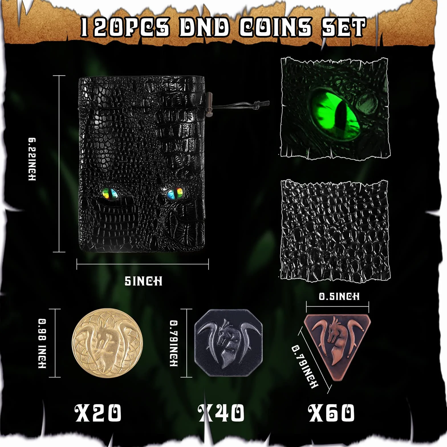 120 szt., metalowe, srebrne i miedziane monety DND, żetony DND i akcesoria, z torbą ze skóry PU, sztuczne monety do gry planszowej cosplay