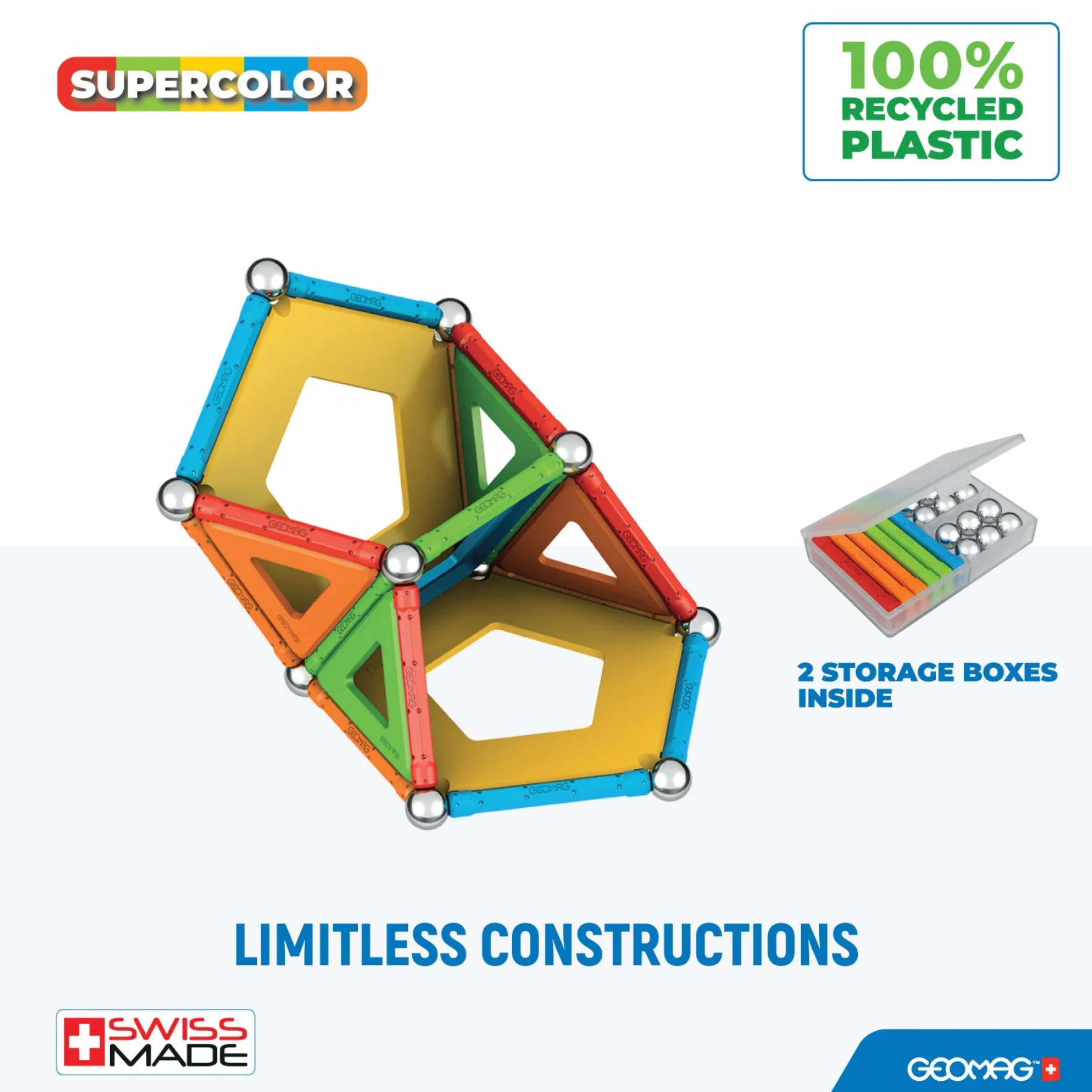 Geomag - Supercolor - Superkolorowe Magnetyczne Klocki dla Dzieci, Zabawka Magnetyczna, Gra Edukacyjna, Green Collection, 100% Plastiku z Recyklingu, 52 sztuk