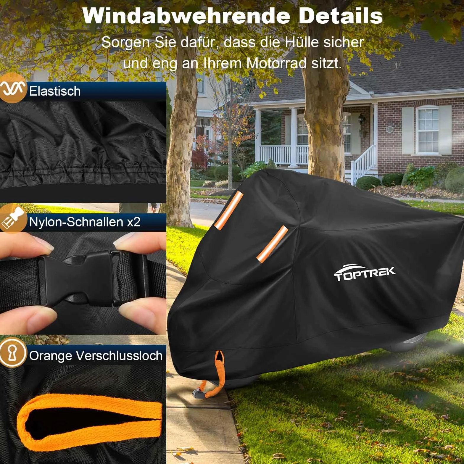 toptrek Pokrowiec na motocykl z taśmą ze szwem, plandeka na motocykl 210D Oxford, wodoszczelna, oddychająca, do użytku na zewnątrz, czarna (265 x 105 x 125 cm)