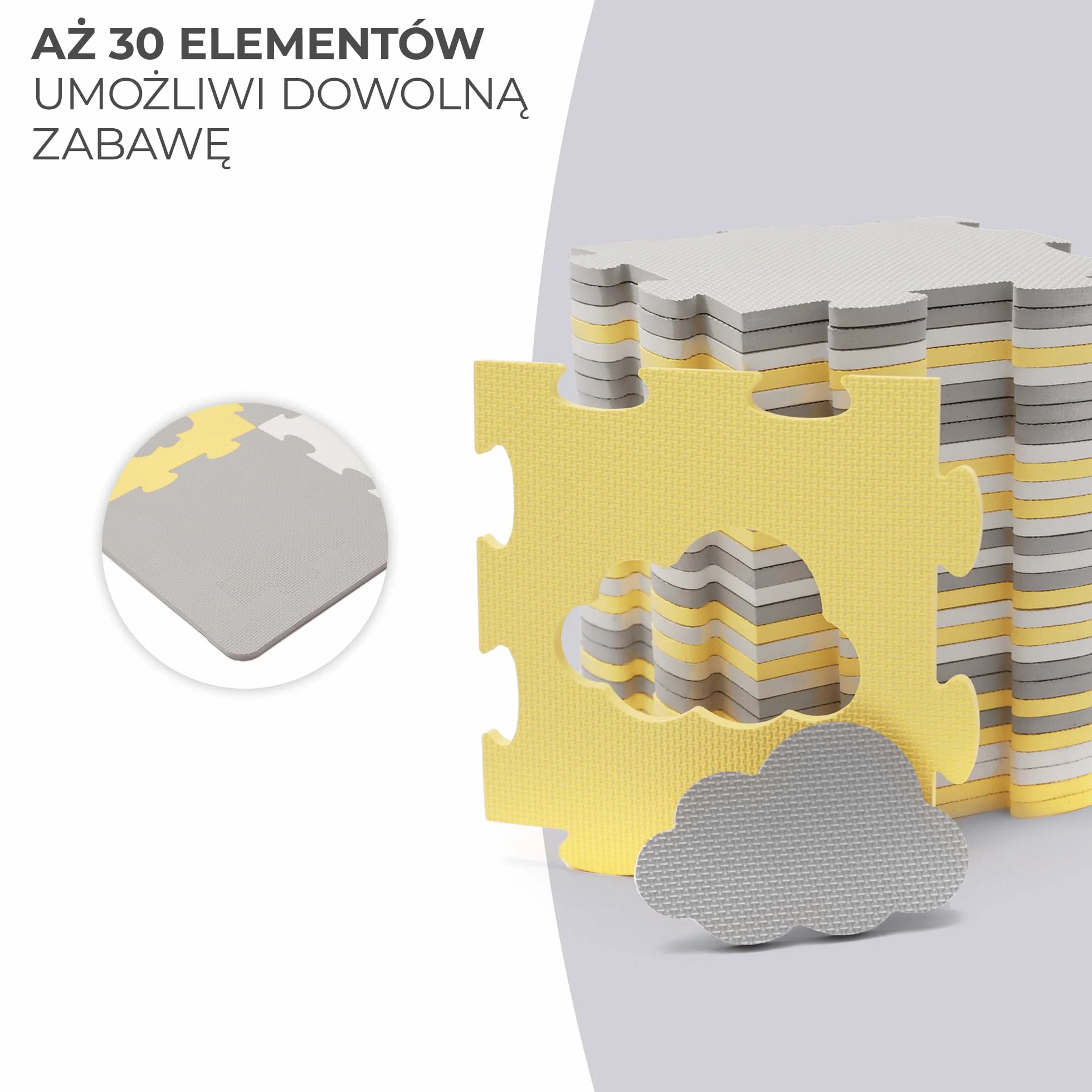 Kinderkraft LUNO SHAPES Mata piankowa, Wielofunkcyjna, Puzzle 30 elementów, Wodoodporna, Izolacja od podłogi, Antypoślizgowa powierzchnia, Łatwe czyszczenie, Torba do transportu w zestawie, Żółty