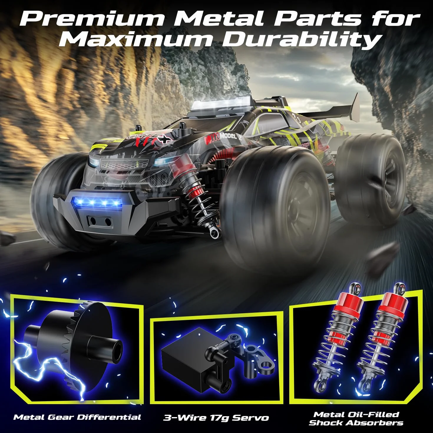 DEERC 1:14 bezszczotkowy zdalnie sterowany samochód dla dorosłych, 43 MPH 4WD offroadowy z 7-kolorowymi diodami LED, metalowe amortyzatory, 2 akumulatory 7,4 V, napęd metalowy, 3 tryby świecenia