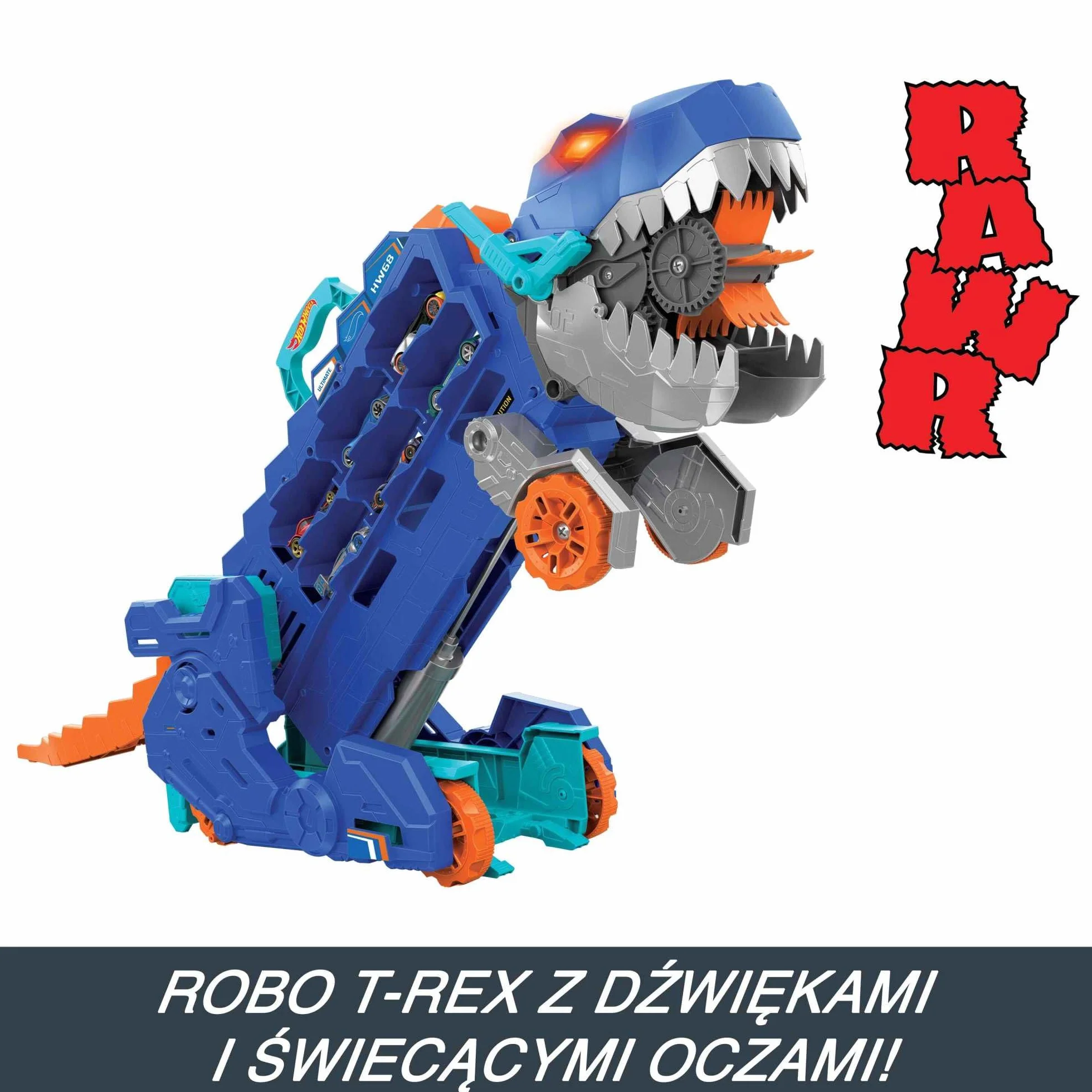 Hot Wheels City Toy Car Track Set, Ultimate T-Rex Transporter, Hauler Transforms into Stomping Dino with Race Track, From Netflix Series “Let’s Race”, HNG50