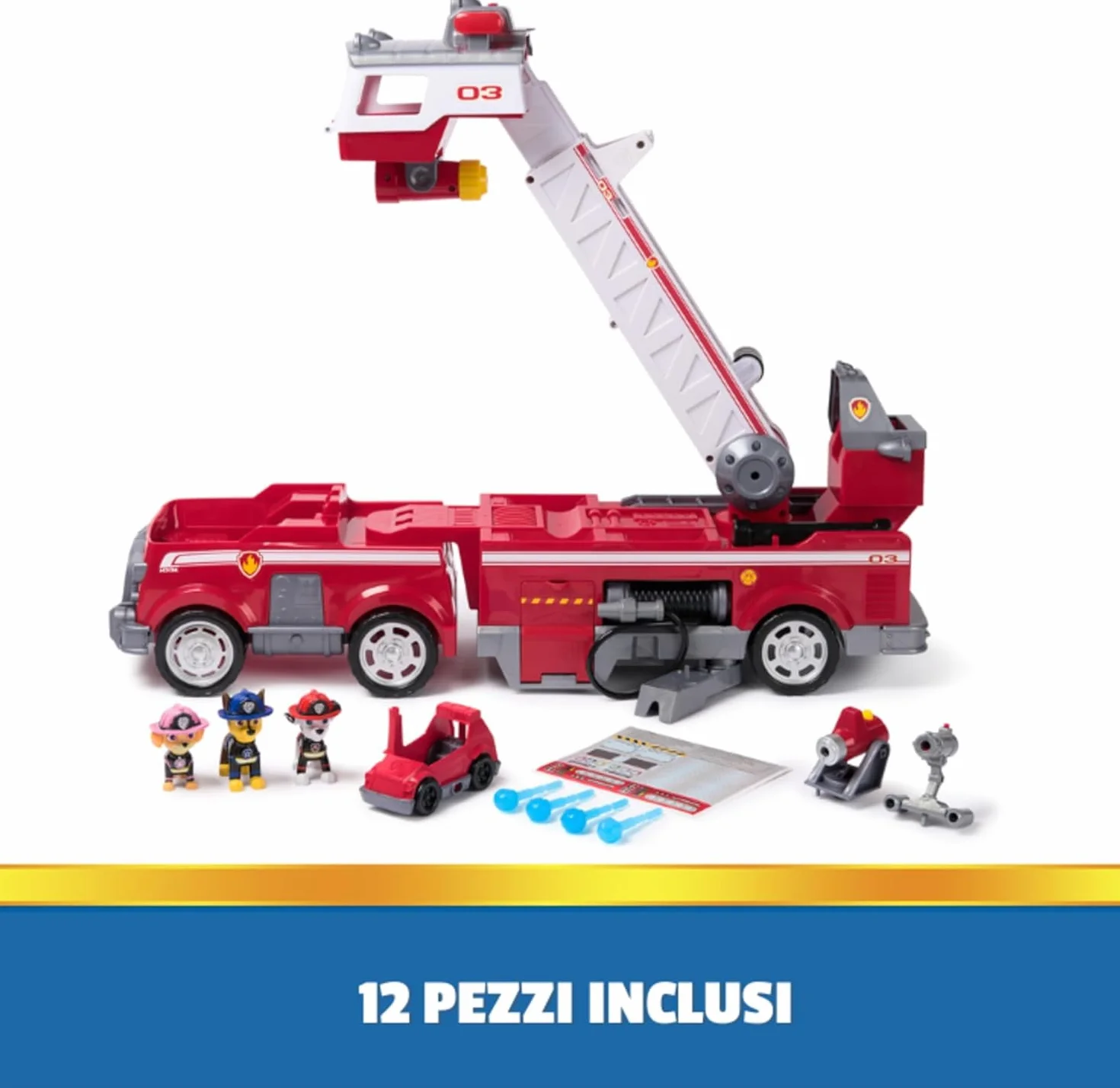 Paw Patrol, Wózek strażacki Marshalla, z wysuwaną skalą 61 cm, światłami i dźwiękami, mini pojazd, w zestawie postacie Chase, Marshall i Skye, zabawki dla chłopców i dziewczynek, 3+ lat