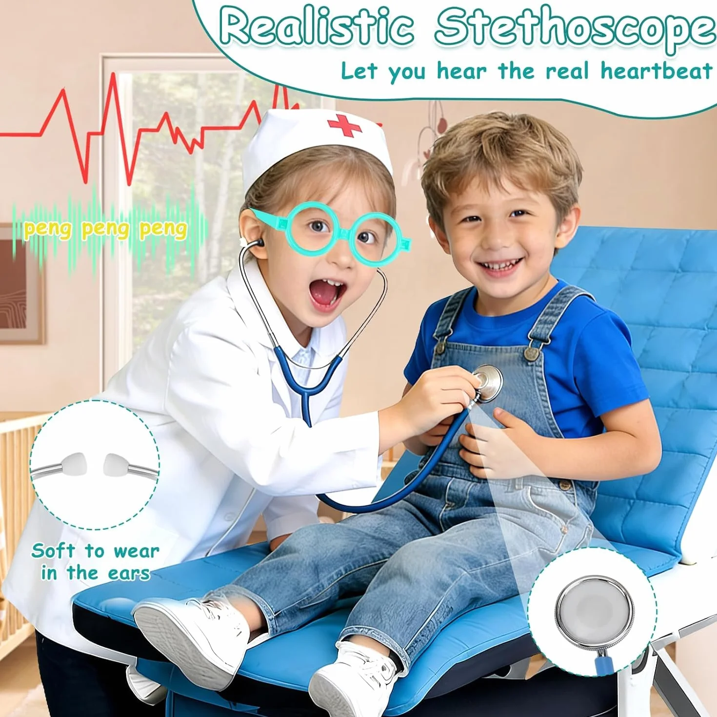 Drewniany zestaw lekarski dla dzieci, walizka doktora z prawdziwym stetoskopem, kapsułkami, termometrem, strzykawką, torbą lekarską i fartuszkiem, zabawka do odgrywania ról dla dziewczynek i chłopców