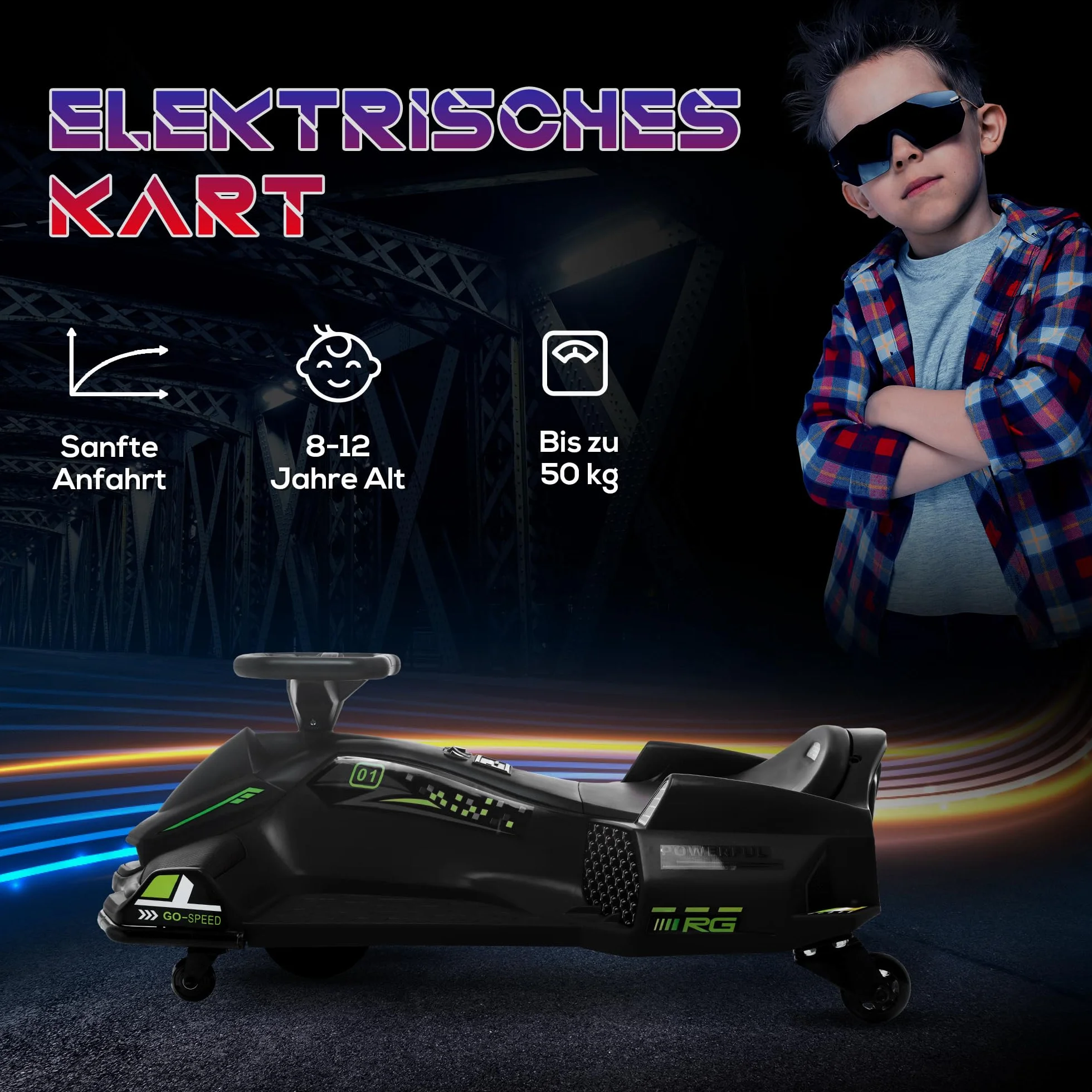 HOMCOM Elektryczny gokart dla dzieci, 12 V, 3-8 km/h, z trybem dryfowania, powolnym startem, muzyką, pas bezpieczeństwa, pojazd dla dzieci w wieku 8-12 lat, czarny