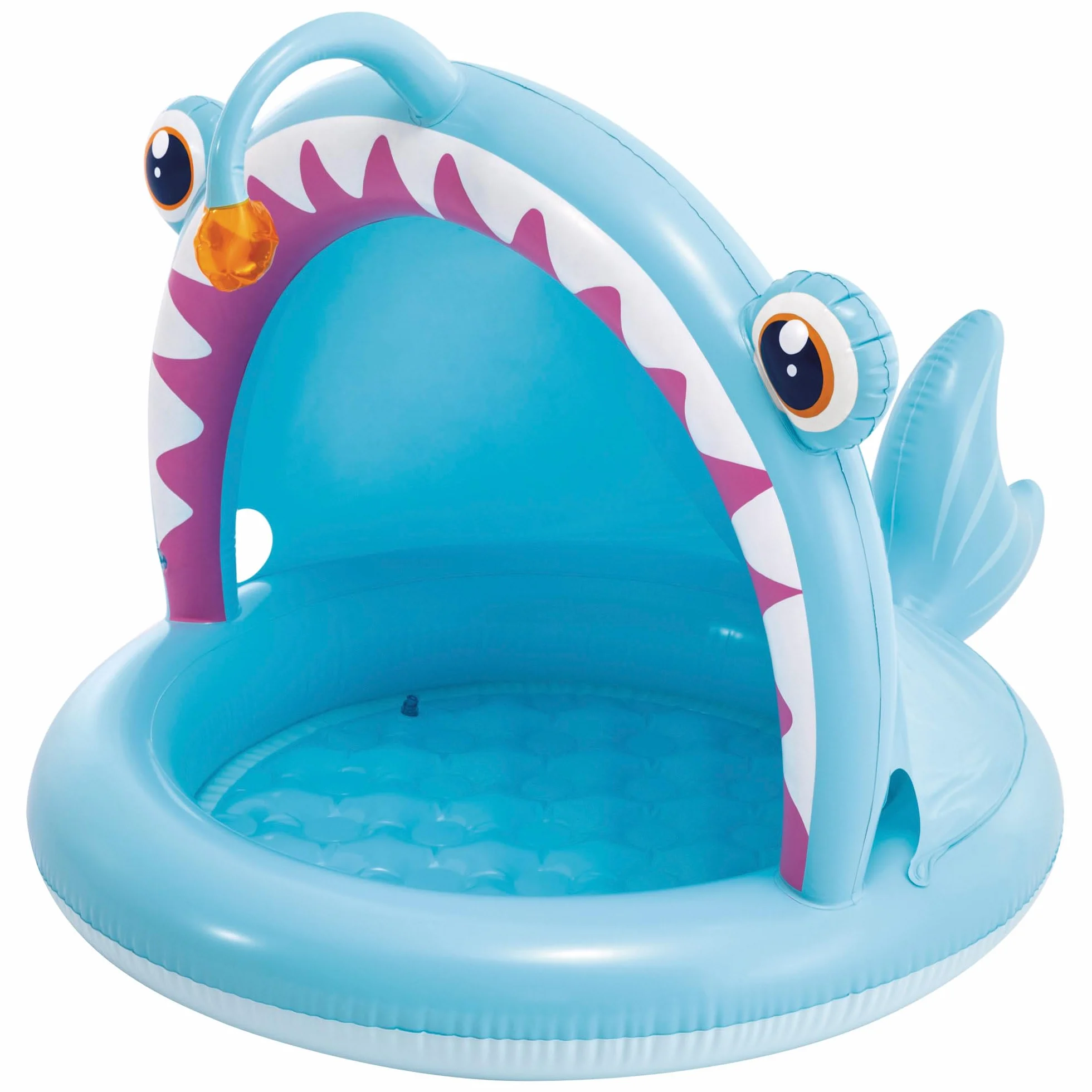 Intex Angler Fish nadmuchiwany basen dla dzieci, 127 x 102 x 86 cm, z parasolem, wyściełana podłoga, wzór ryby 3D, pojemność 45 l, dla dzieci 1-3 lat, wytrzymały winyl (58400)