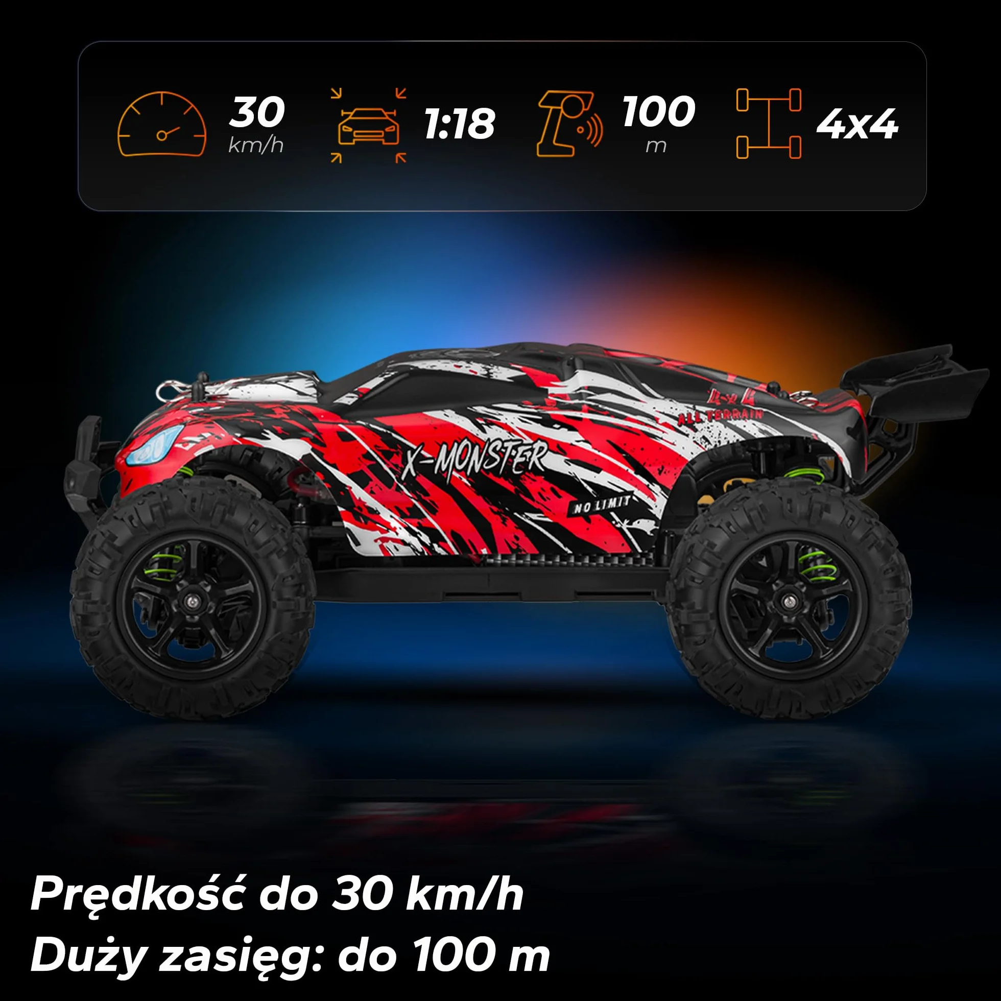 Overmax X-Monster 3.5, Zdalnie Sterowany Samochód RC 1:18 dla Dzieci 14+ w Napęd 4x4, Zasięg do 100 m, Prędkość 45 km/h, 2 Obudowy w Zestawie, Jazda do 40 min bez Ładowania