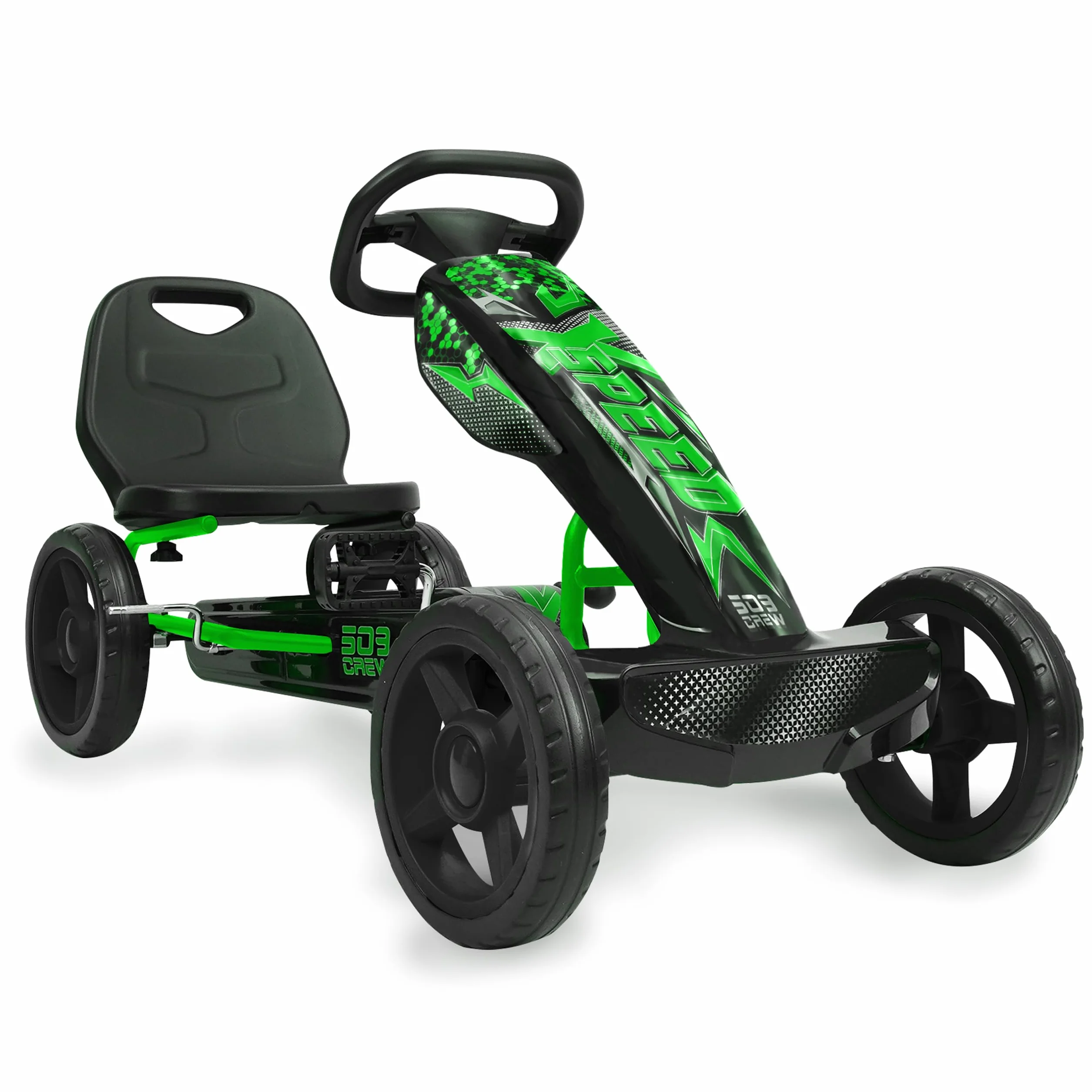509 Crew XSpeed Go-Kart zielony, grafika sportowa, regulowane siedzisko, felgi 25 cm, koła EVA, hamulec ręczny