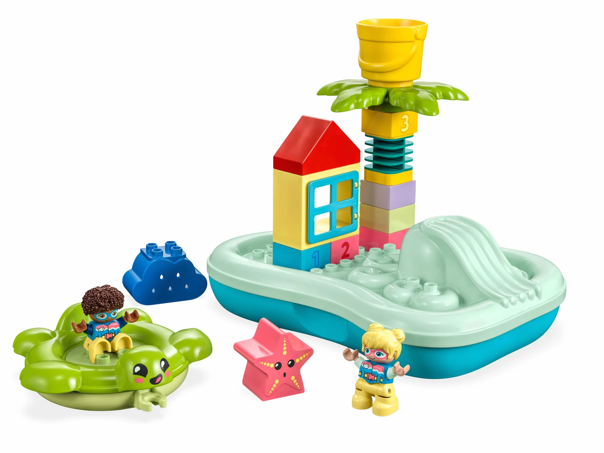 LEGO 10989 DUPLO Park Wodny, zabawki do kąpieli dla 2-latka i małych dzieci, z pływającą wyspą, żółwiem i rozgwiazdą, łatwe do czyszczenia zabawki wodne do wanny