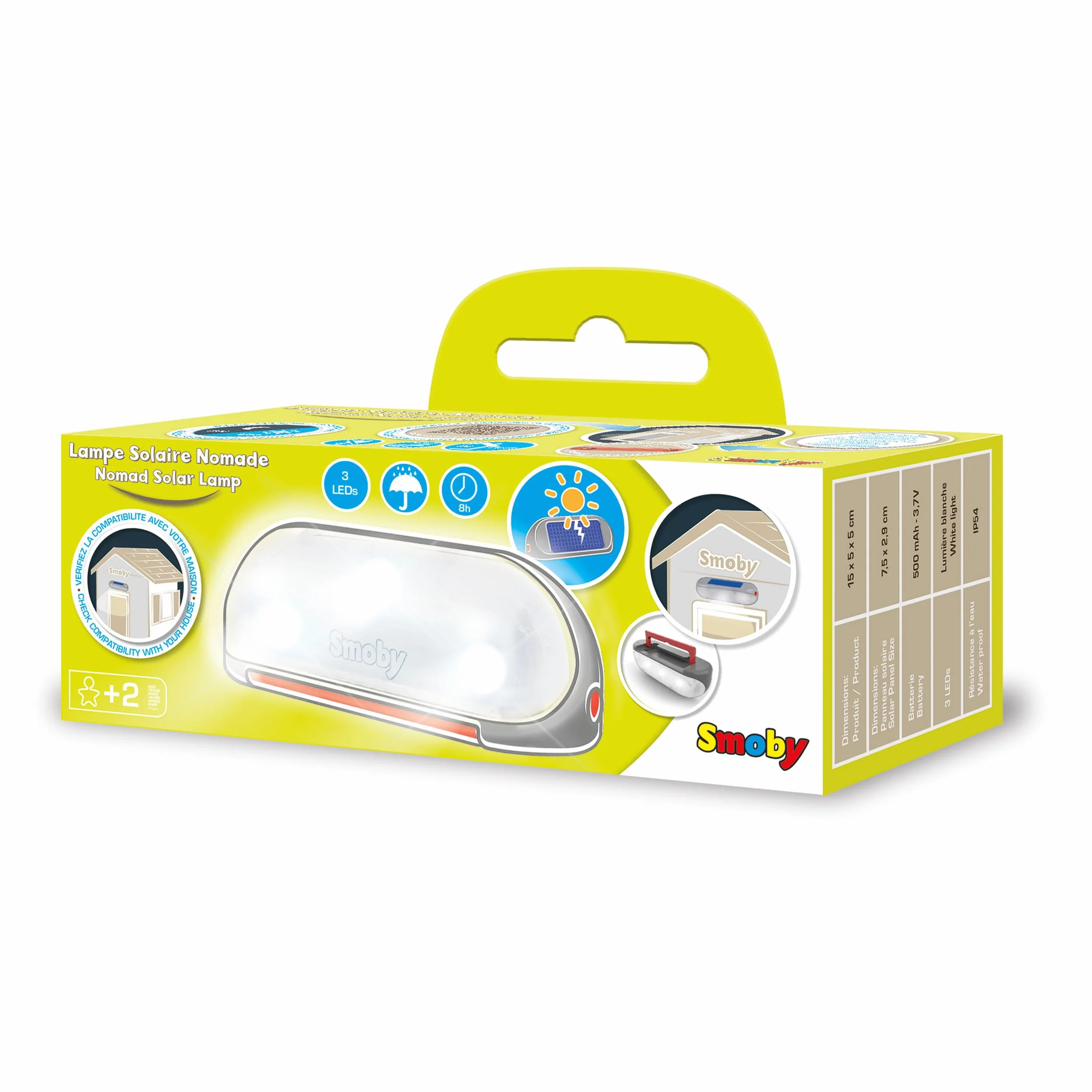 Smoby - Lampa solarna z uchwytem do noszenia – akcesoria do domku do zabawy, zdejmowana lampa, oświetlenie wewnętrzne lub zewnętrzne, 3 diody LED i ogniwo słoneczne, pasuje do większości domków do
