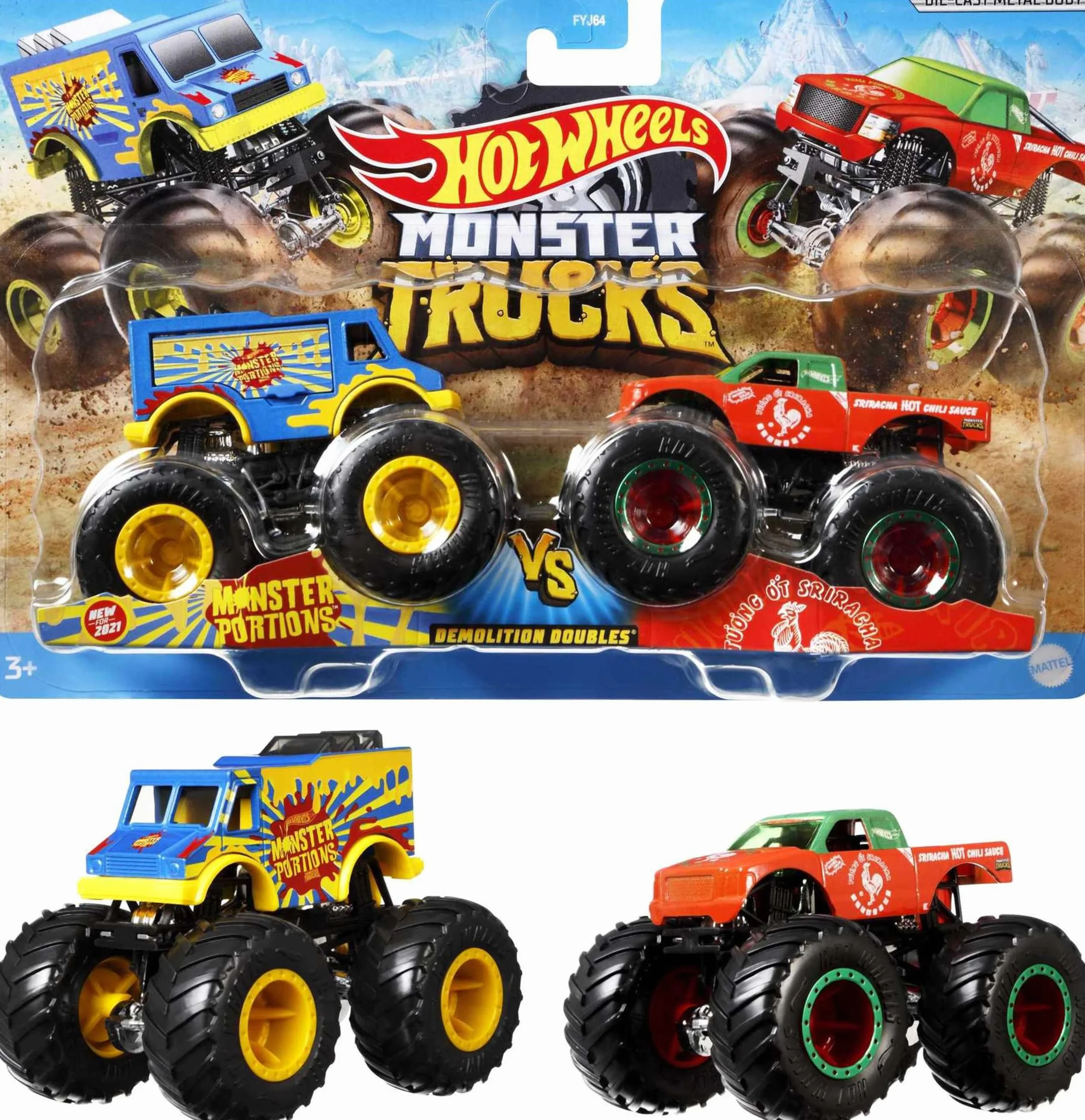 Hot Wheels Monster Trucks 2-pak, zestaw 2 zabawkowych pojazdów w skali 1:64, dla dzieci i kolekcjonerów (style mogą się różnić), FYJ64