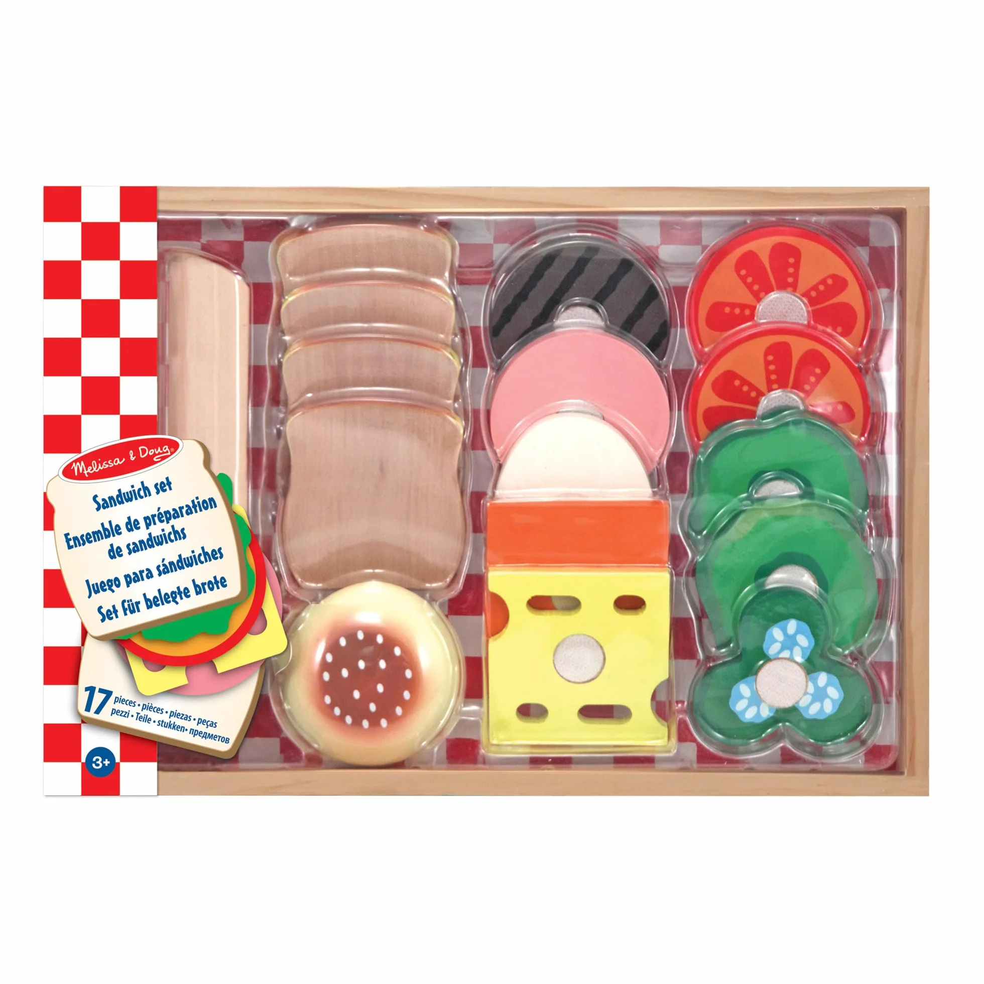 Melissa & Doug Sanwich Set Żywność do Zabawy, Wielokolorowy, ‎33.02 x 24.13 x 5.08 cm, 17 Elementów
