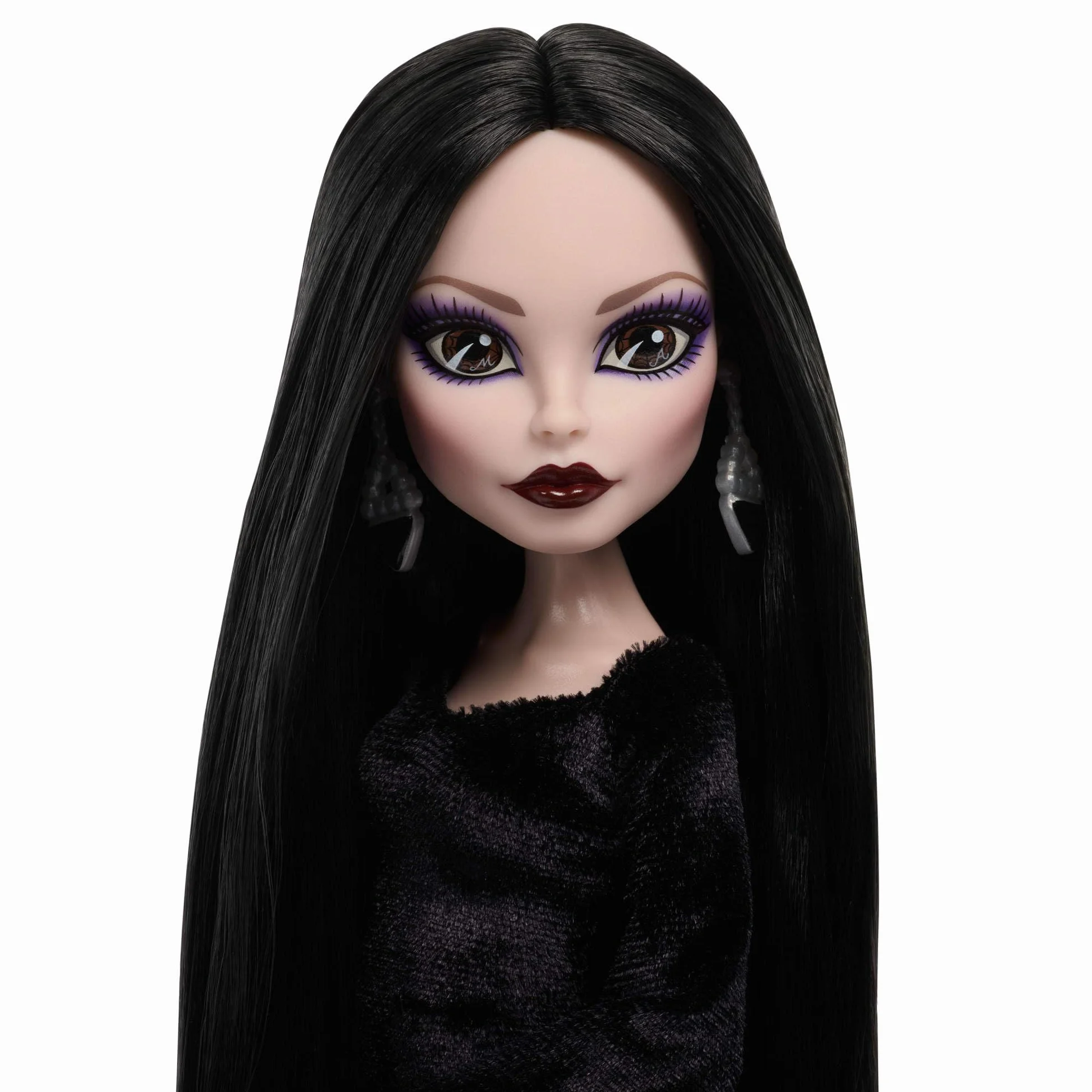 Monster High x Wednesday Morticia Addams Lalka kolekcjonerska Czarno-szkarłatna aksamitna sukienka, biżuteria, inspirowane serialem buciki na obcasie i podstawka dla lalki zabawka dla dzieci 6+, JLK99