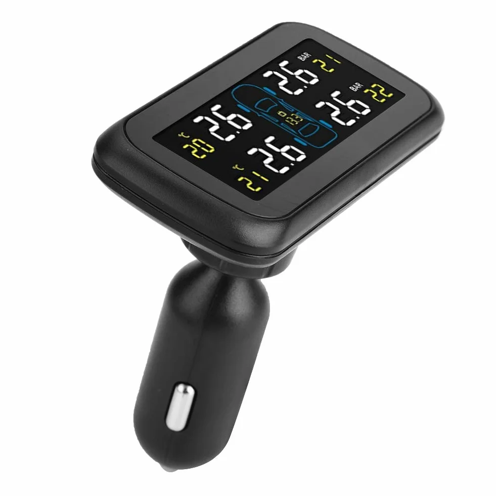 System monitorowania ciśnienia w oponach, samochodowy czujnik ciśnienia w oponach TPMS z monitorem LCD, 4 czujniki wewnętrzne, ładowarka USB do zapalniczki
