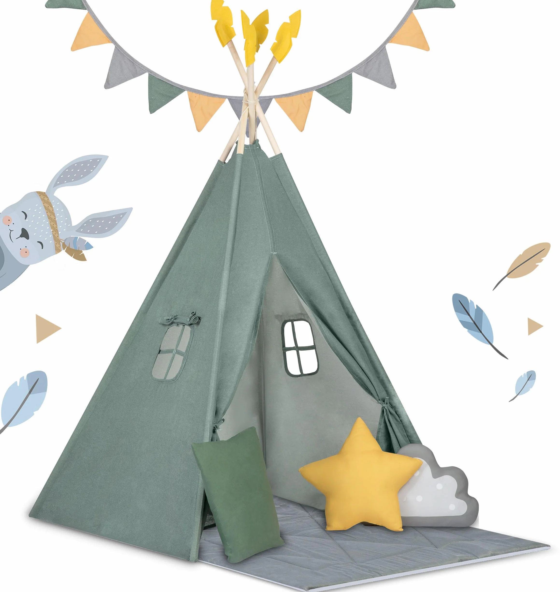 Nukido namiot dla dzieci tipi teepee wigwam z girlandą, poduszkami, dużą matą i stabilizatorem zielony