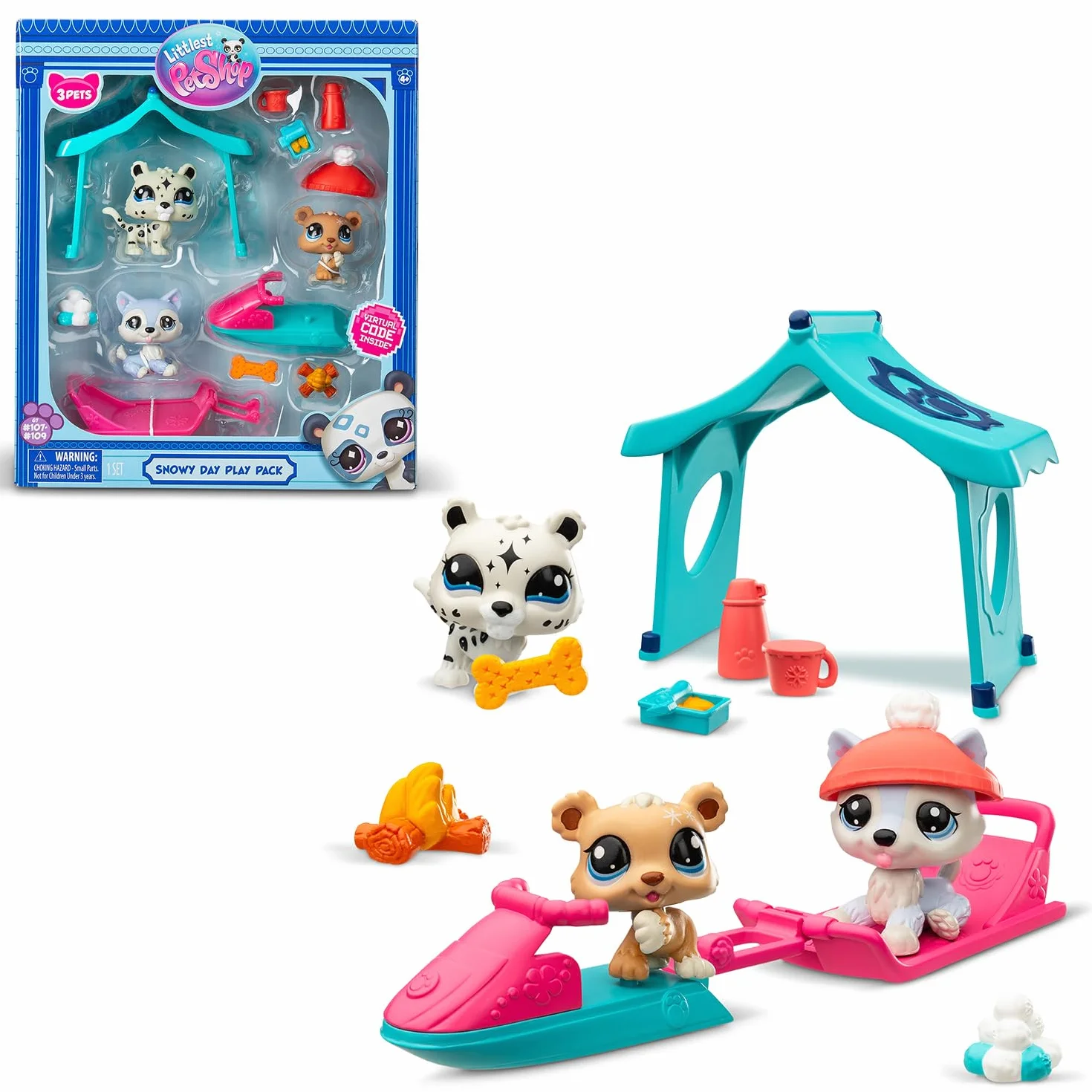 Littlest Pet Shop Series 2 Snowy Day Play Pack, opakowanie zawiera 3 mini zabawki dla zwierząt domowych LPS, 6 akcesoriów, 1 kartę kolekcjonerską i 1 wirtualny kod, zabawki kolekcjonerskie dla