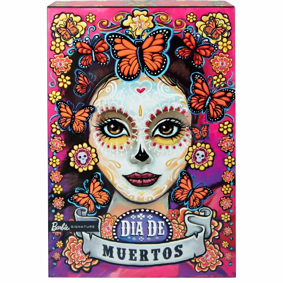 Barbie Dia de Muertos Lalka (2023) w różowej sukni z falbankami + „ofiara” na domowy ołtarzyk, Barbie Signature HJX14