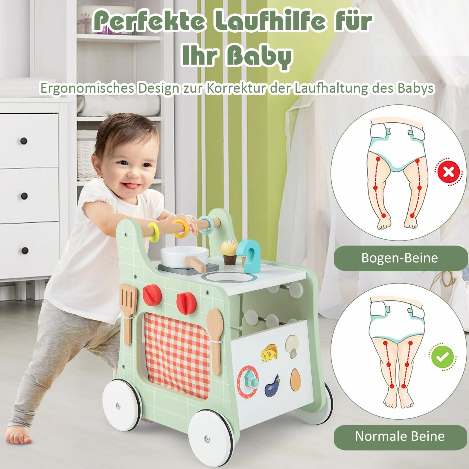 COSTWAY Drewniany wózek do nauki chodzenia 6 w 1, pomoc w nauce chodzenia z kuchnią do zabawy, zegarem do nauki, dopasowaniem kształtu i ruchomym suwakiem, kuchnia dziecięca Baby Walker z kółkami, dla
