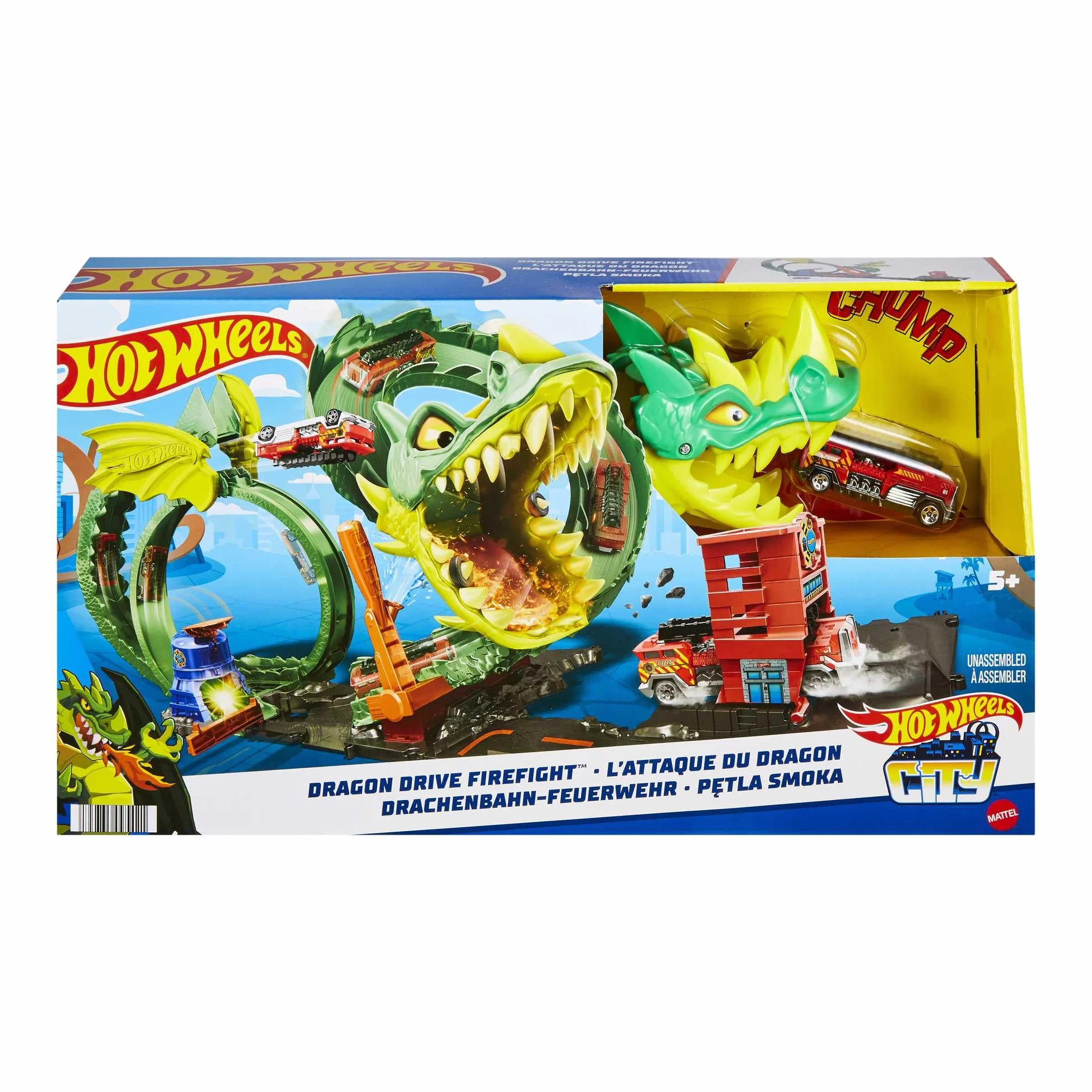 Hot Wheels Tor wyścigowy Pętla smoka Zestaw do zabawy z wyzwaniami kaskaderskimi i 1 samochodzikiem Hot Wheels, zabawka łączy się z innymi zestawami, świetny prezent dla dzieci od 5 lat, HJV70