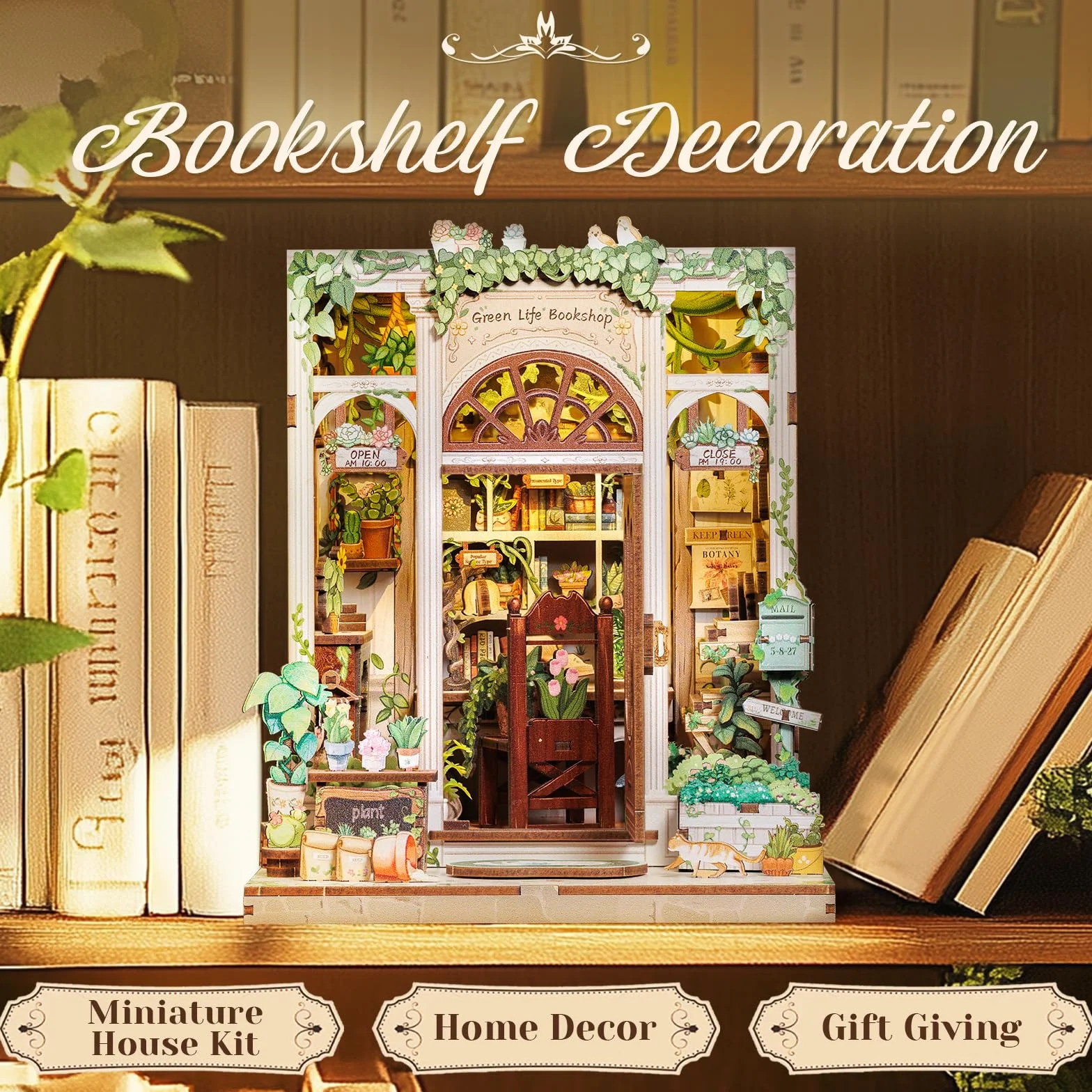 CUTEBEE Book Nook Kit-DIY Domek dla Lalek,Miniaturowy Dom z Zielonymi Roślinami i Oświetleniem LED,Deko na Półkę na Książki,Wyjątkowy Prezent (Green Life Bookshop)