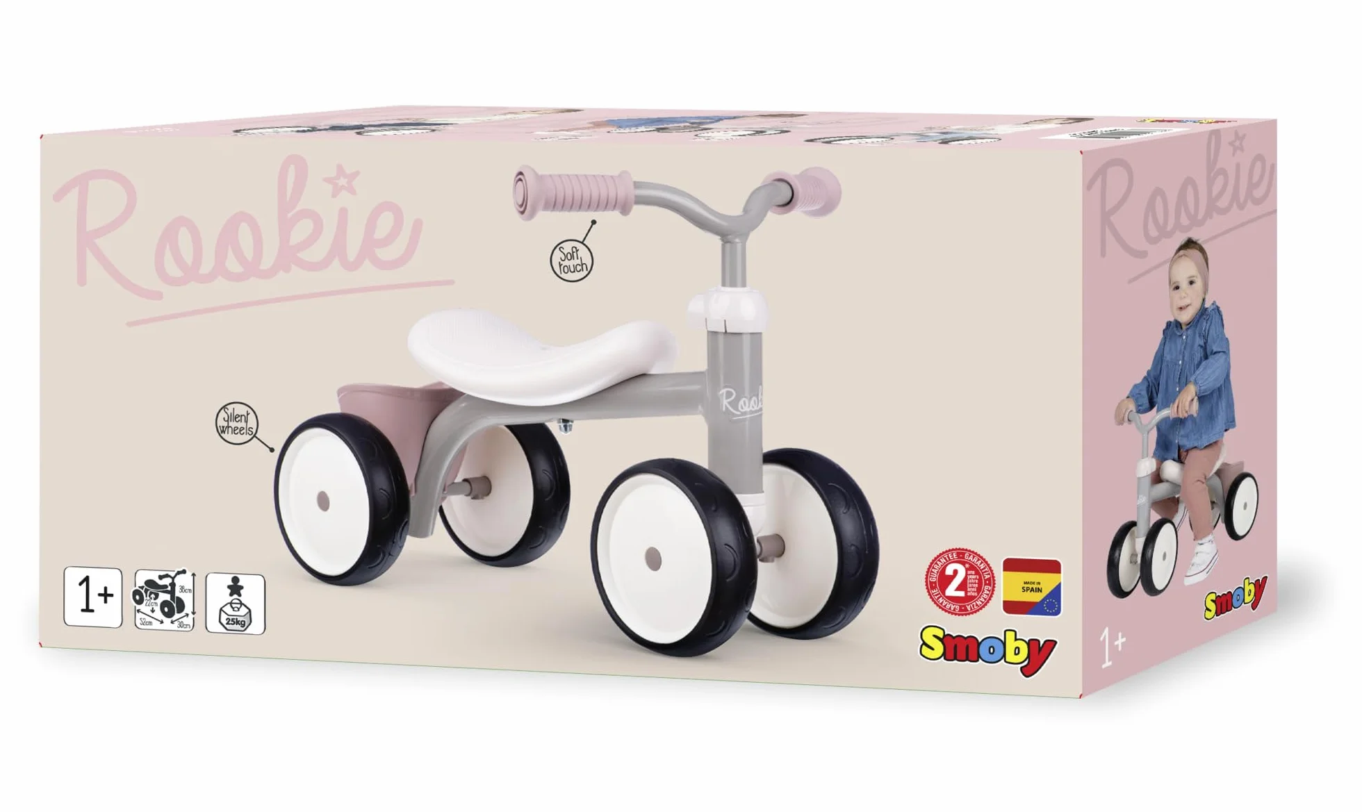 Smoby - Rookie Pink Ride-On - Metal - Zakrzywione siodełko - Ciche koła - Skrzynia na zabawki - Wczesne lata - Od 12 miesięcy