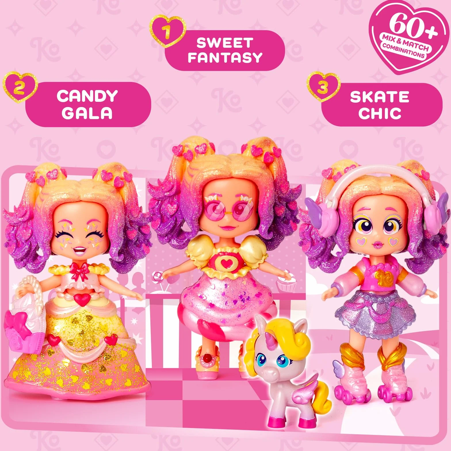 KOOKYLOOS CANDY LAND CUPCAKE DREAMS – 3 w 1 słodka stylowa lalka,zawartość:1 laleczka,3 stroje,2 pary bucików, mały jednorożec,przekąska, akcesoria Mix&Match i różowa torebka babeczka.