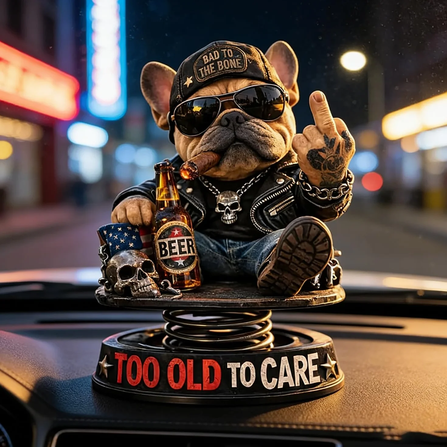Too Old to CareDashboard Bobblehead, śliczny buldog dekoracja deski rozdzielczej, ciekawa deska rozdzielcza buldog środkowy palec statuetka dekoracja, humorystyczny bob samochodowy