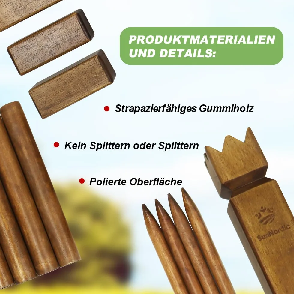 SunNordic Kubb rzucania Wikingów, szwedzka szachowa z wysokiej jakości drewna gumowego, w zestawie torba z płótna żaglowego i instrukcja gry – wytrzymała gra na podwórku dla dzieci i dorosłych