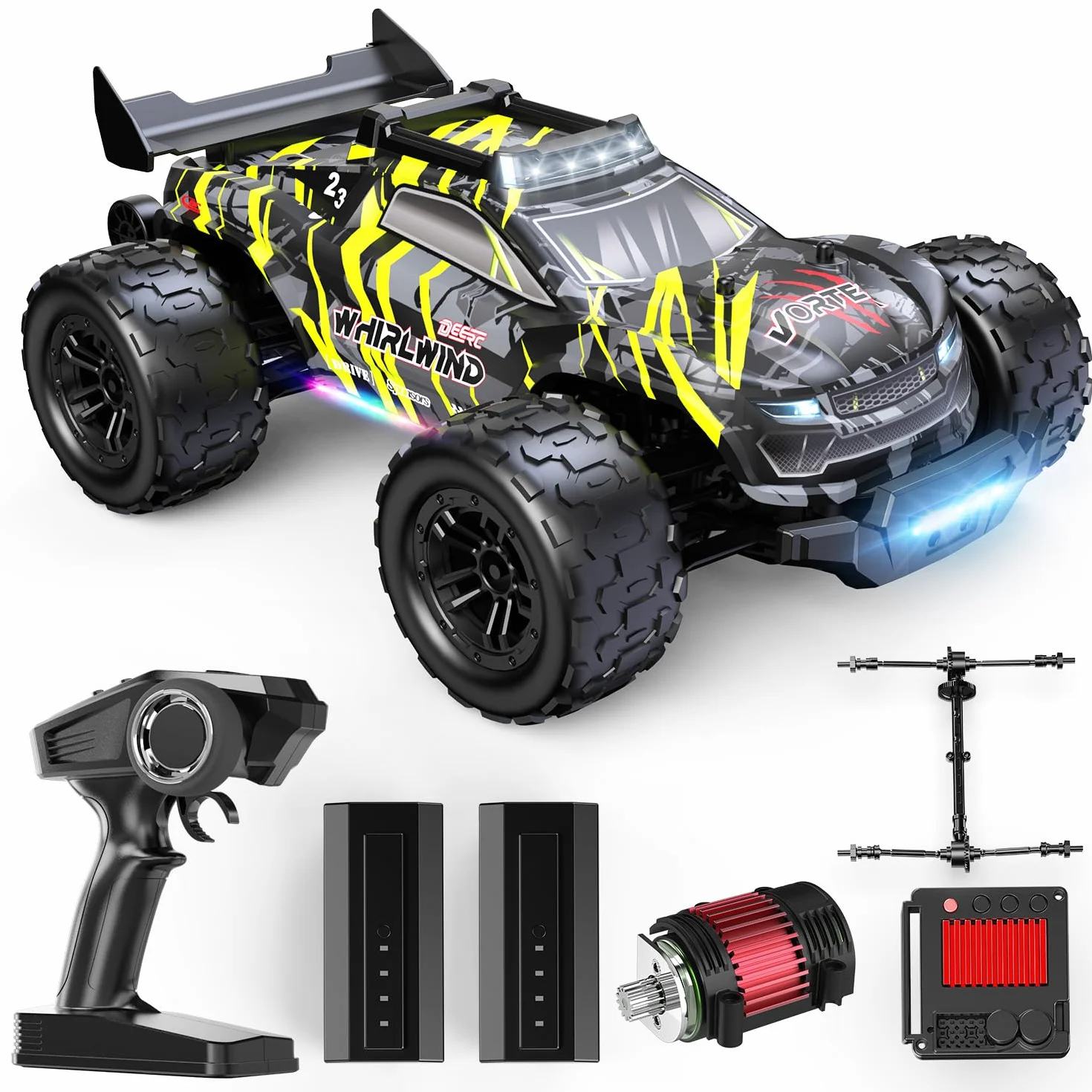 DEERC 1:14 bezszczotkowy zdalnie sterowany samochód dla dorosłych, 43 MPH 4WD offroadowy z 7-kolorowymi diodami LED, metalowe amortyzatory, 2 akumulatory 7,4 V, napęd metalowy, 3 tryby świecenia