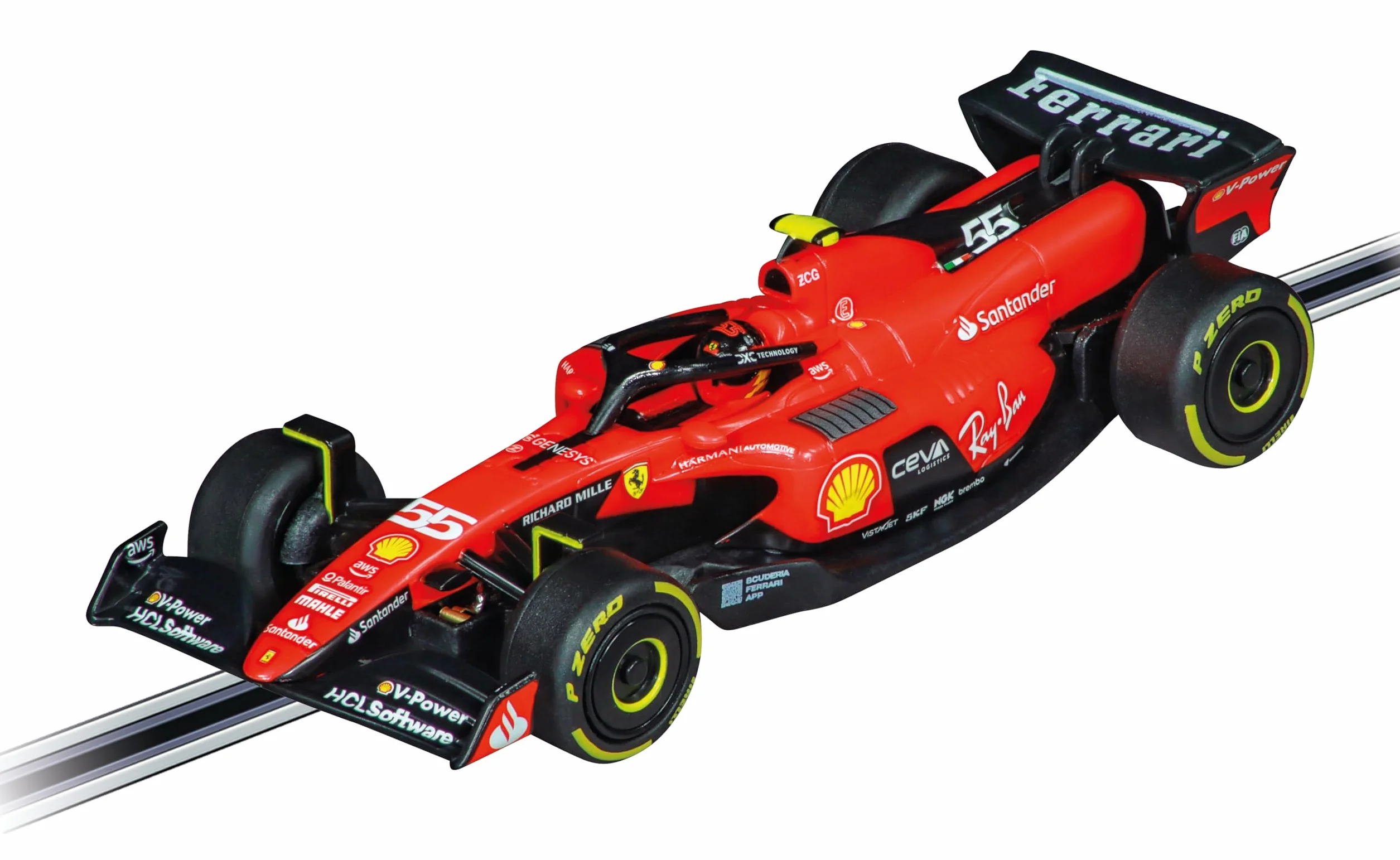 Carrera 20064239 Carrera GO!!! Ferrari SF-23 „C. Sainz, No. 55” pojazd w skali 1:43 wyścigówka kompatybilna z systemami Carrera GO!!!, GO!!! Plus & GO!!! z zasilaniem bateryjnym