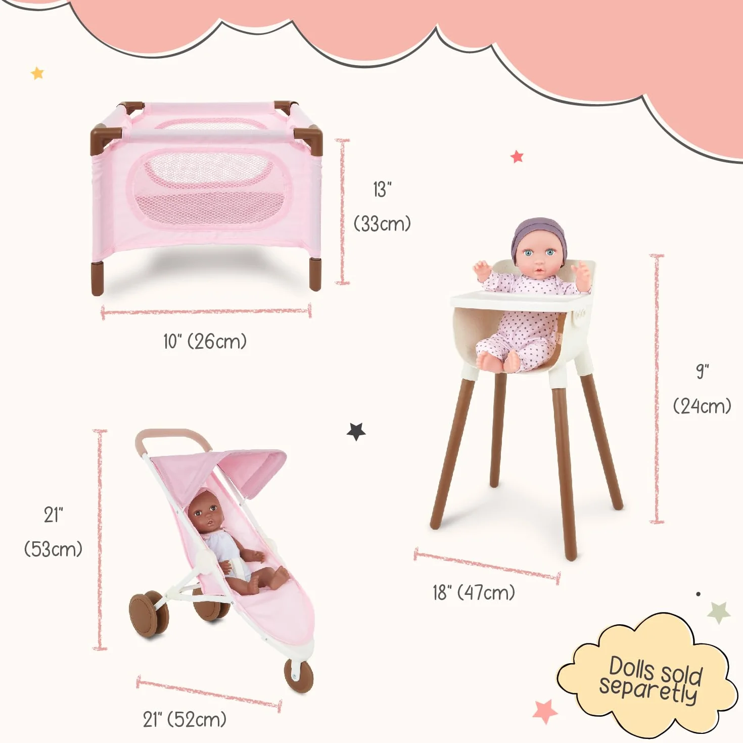 LullaBaby – 14-Inch Realistic Baby Doll Accessory Bundle – Nursery Care Set – High Chair, Playpen & Jogger Stroller – Pretend Play Toys – Kids 2+ Years– Baby Doll Nursery Playset