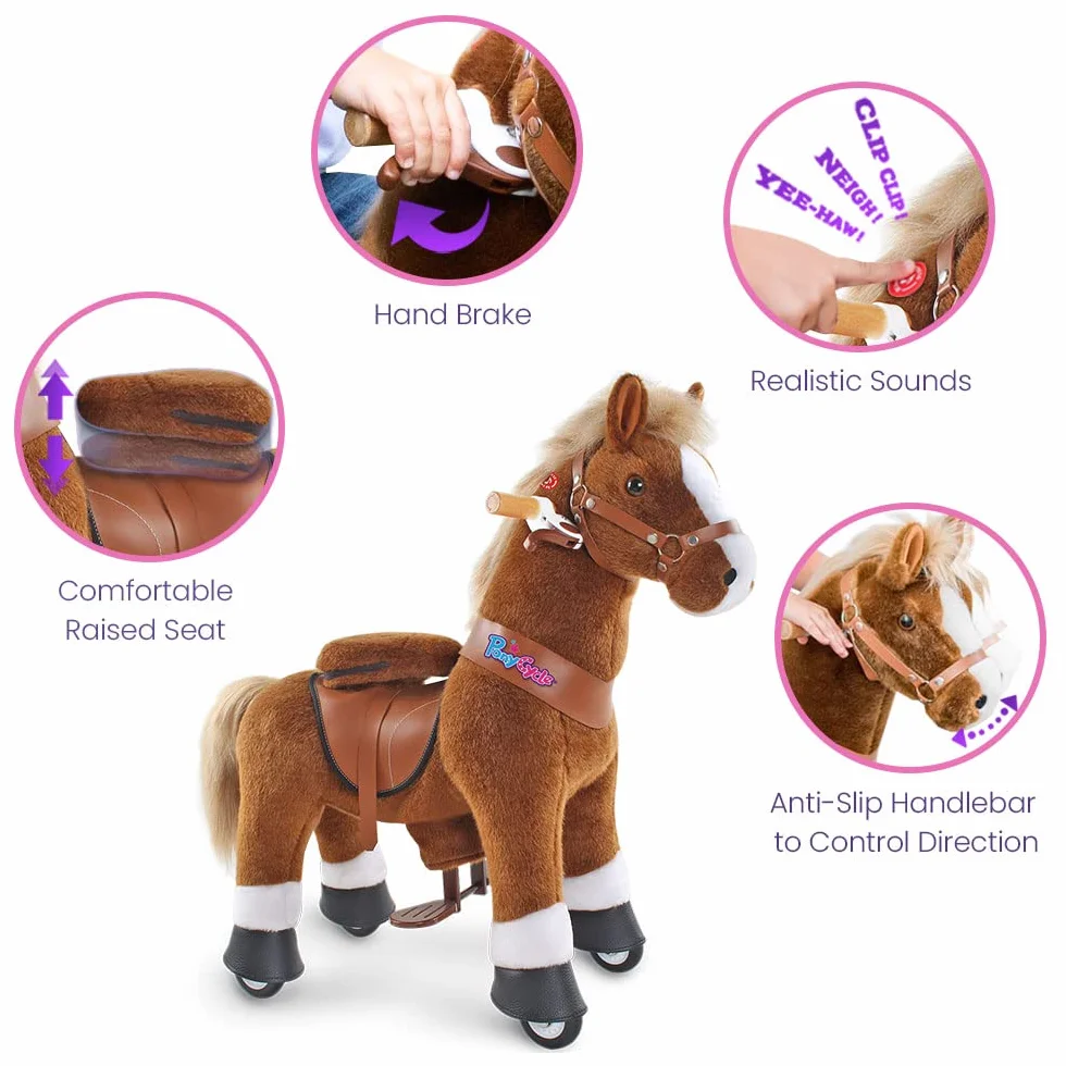 PonyCycle Klasyczny Model U Koń jeździecki na kółkach, pluszowy kucyk jeździecki, zwierzak na biegunach (z hamulcem i dźwiękiem/108 cm wysokości/Rozmiar 5 dla wieku 7+ lat), Brązowy Koń Ux524