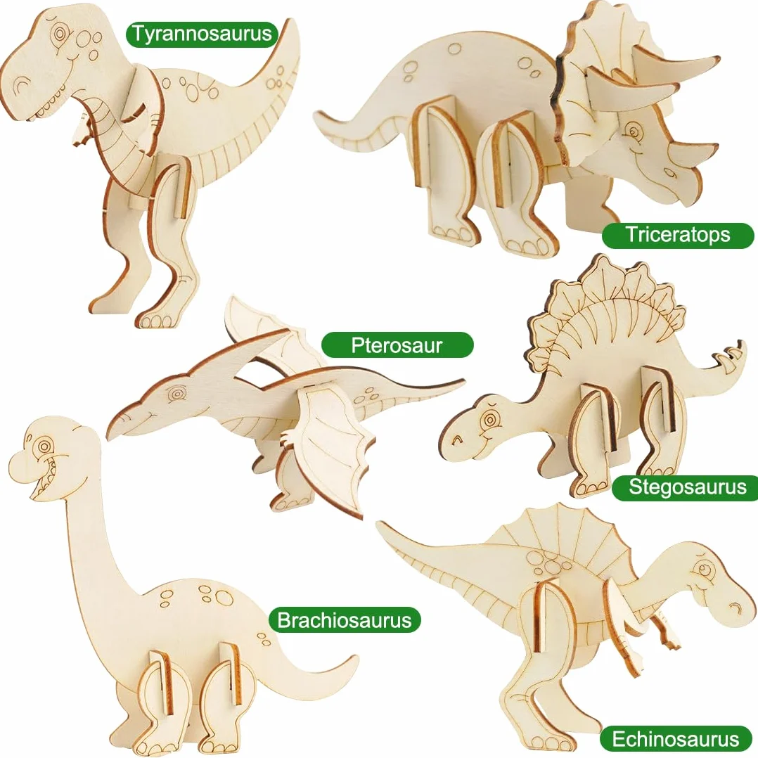 Drewniany zestaw dinozaurów 12 sztuk - DIY 3D Zestaw do malowania i malowania dla dzieci - Kreatywne rękodzieło Prezent urodzinowy