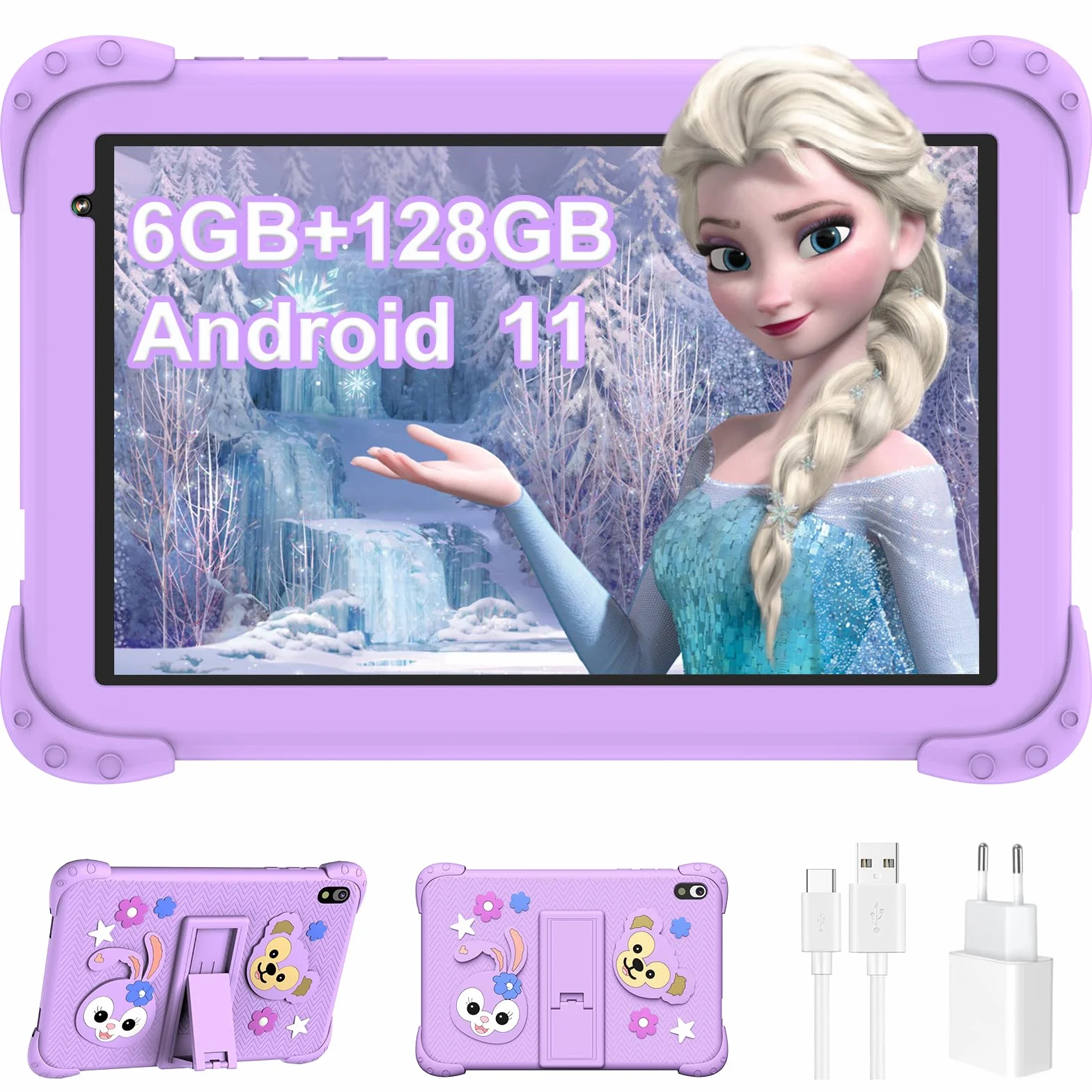 Tablet dla dzieci 8 Cali Android 11, 128GB Rom 6GB Ram TF256GB Edukacyjny dla dzieci HD 1280x800 Quad Core 4000mAh kontrola rodzicielska Google Play Kids Tablet(Fioletowy)