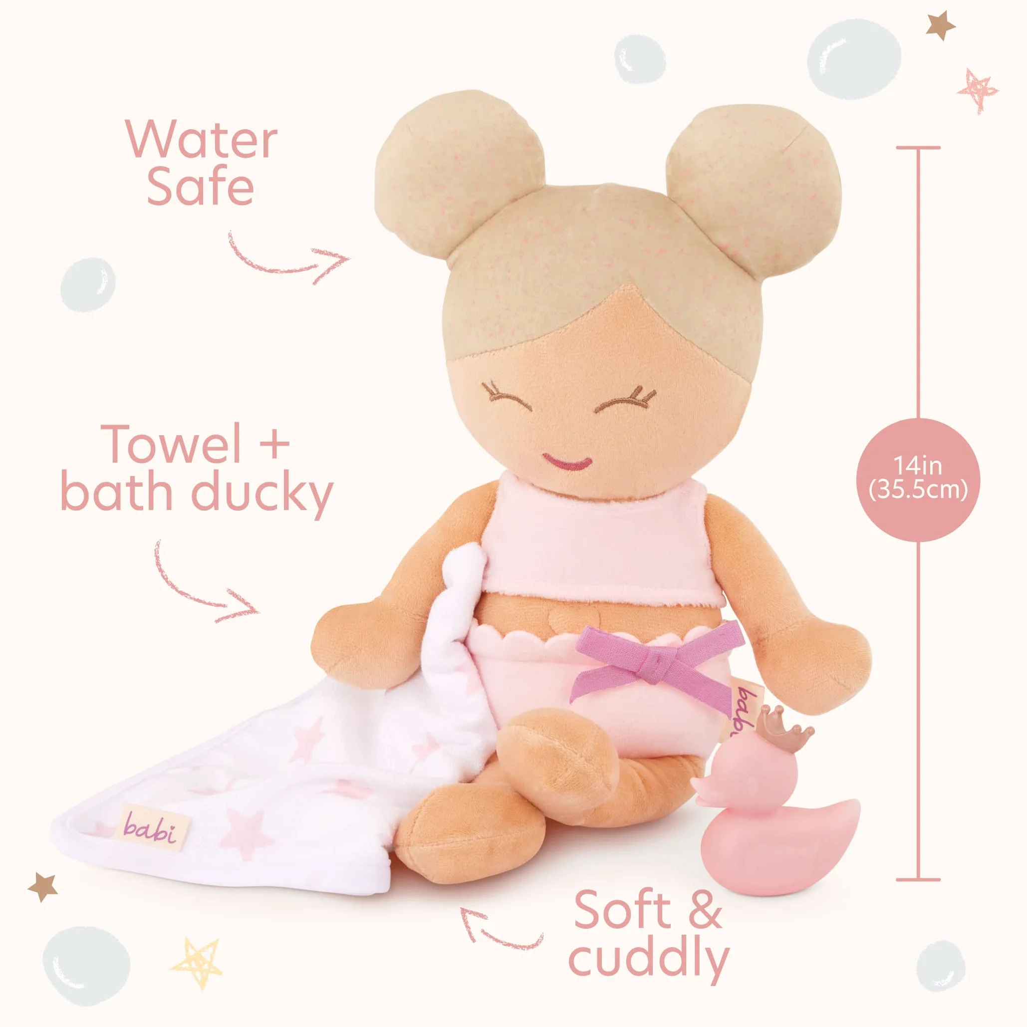 LullaBaby LBY7254Z lalka do kąpieli, zabawka do kąpieli, 36 cm, materiałowa lalka, blond włosy, zabawka do kąpieli dla niemowląt, zabawka wodna, ręcznik i kaczka kąpielowa, akcesoria dla lalek,