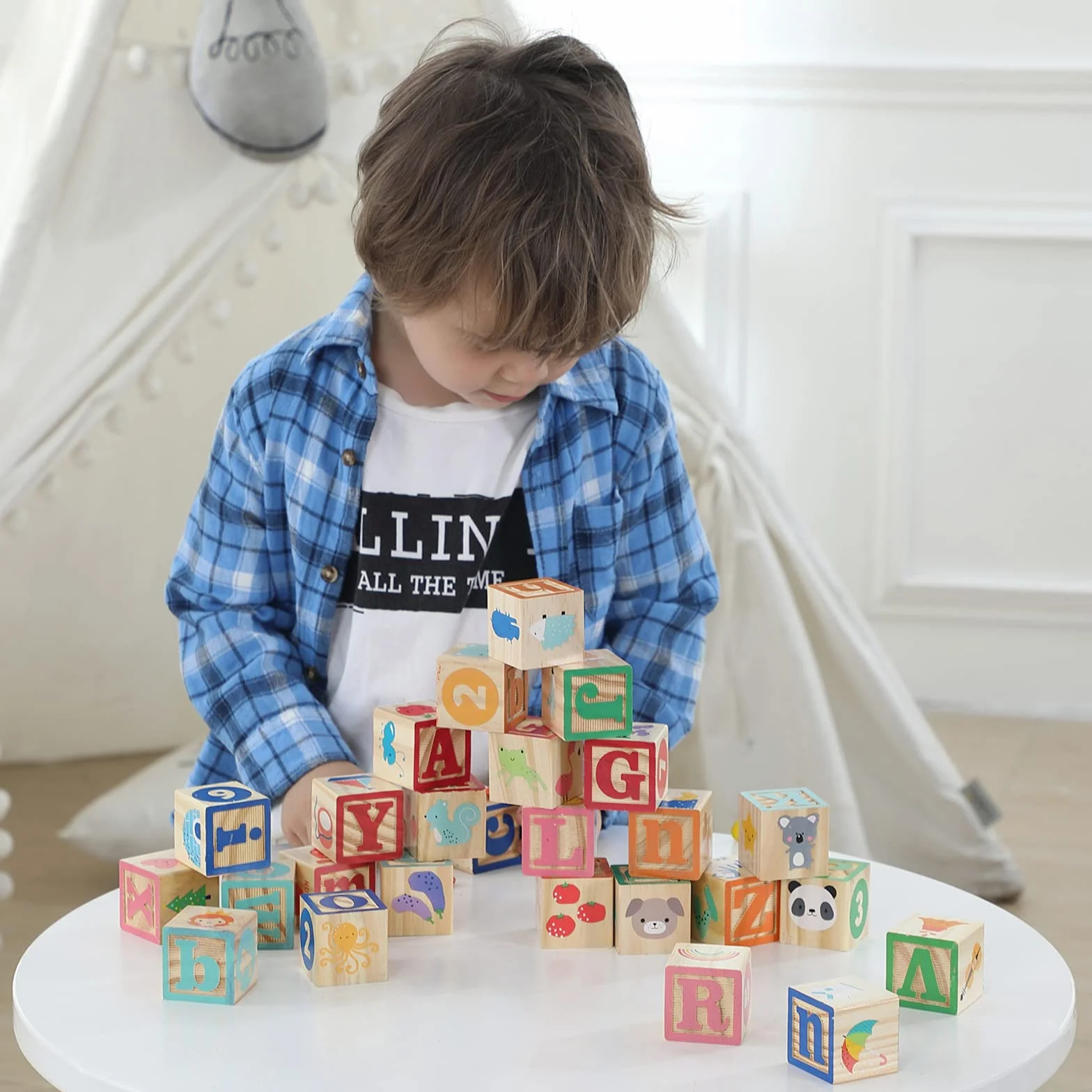 Jacootoys 36 sztuk drewniane bloki ABC 1.65" duże litery alfabetu numer zestaw klocków budowlanych Montessori zabawki edukacyjne dla dzieci