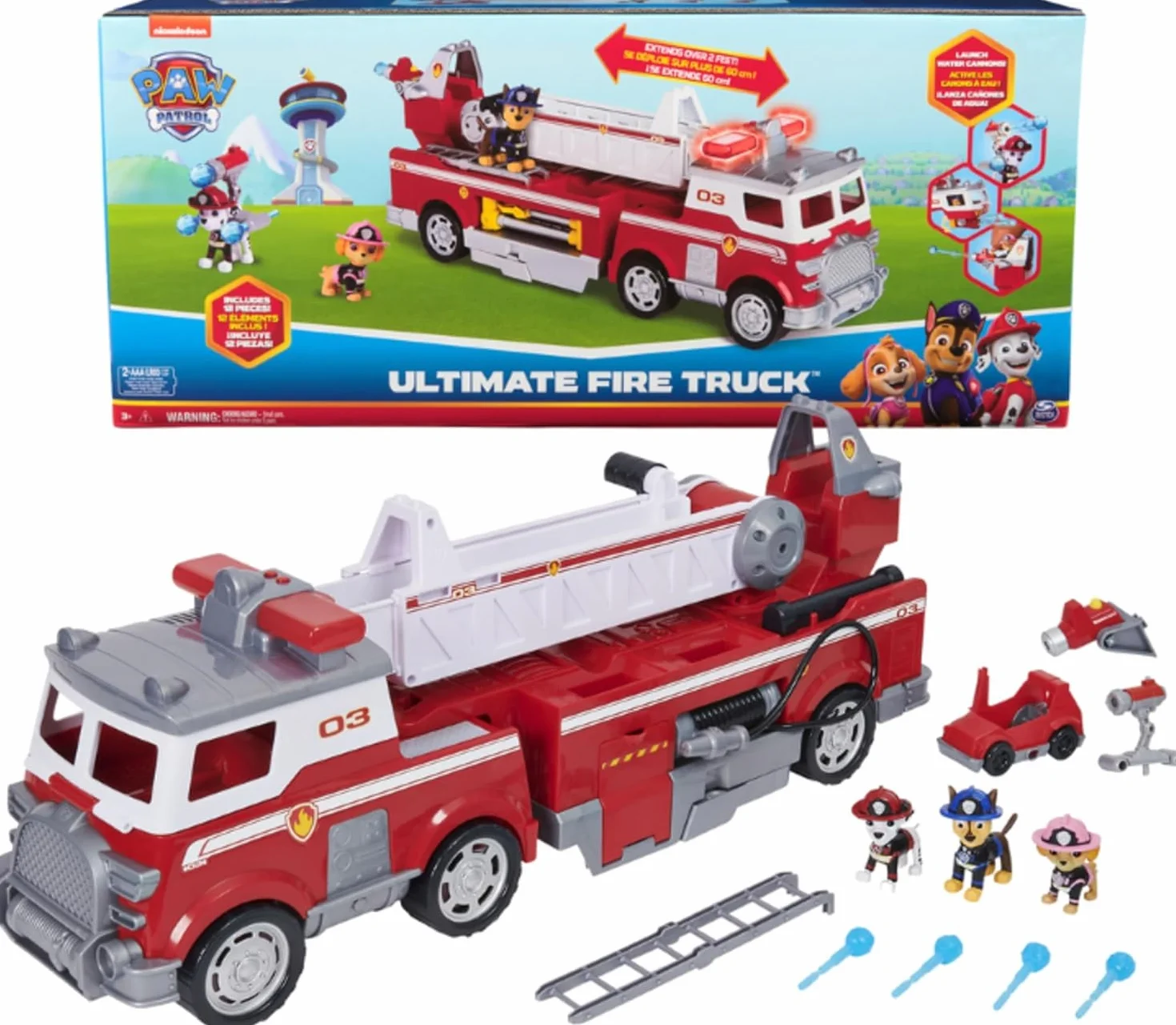 Paw Patrol, Wózek strażacki Marshalla, z wysuwaną skalą 61 cm, światłami i dźwiękami, mini pojazd, w zestawie postacie Chase, Marshall i Skye, zabawki dla chłopców i dziewczynek, 3+ lat