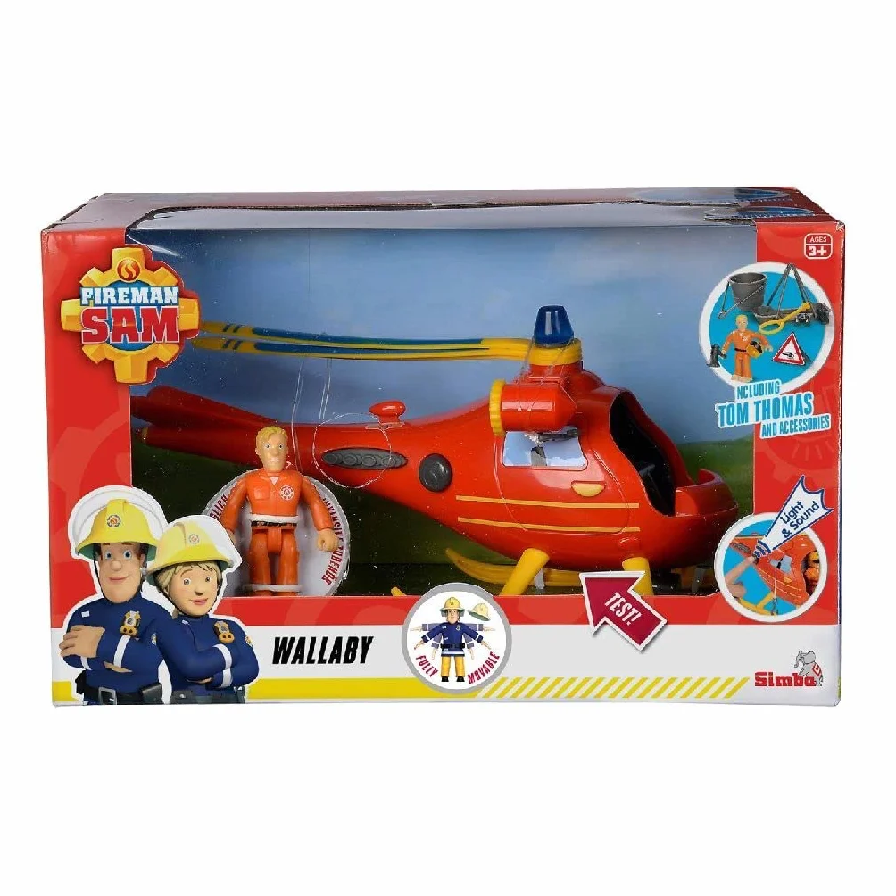 Strażak Sam 109252510038 Wallaby Helikopter policyjny, ruchoma figurka Tom Thomas 7,5 cm, pies Radar, światło i dźwięk, długość: 19 cm, zabawa w strażaka, prezent dla dzieci od 3 lat