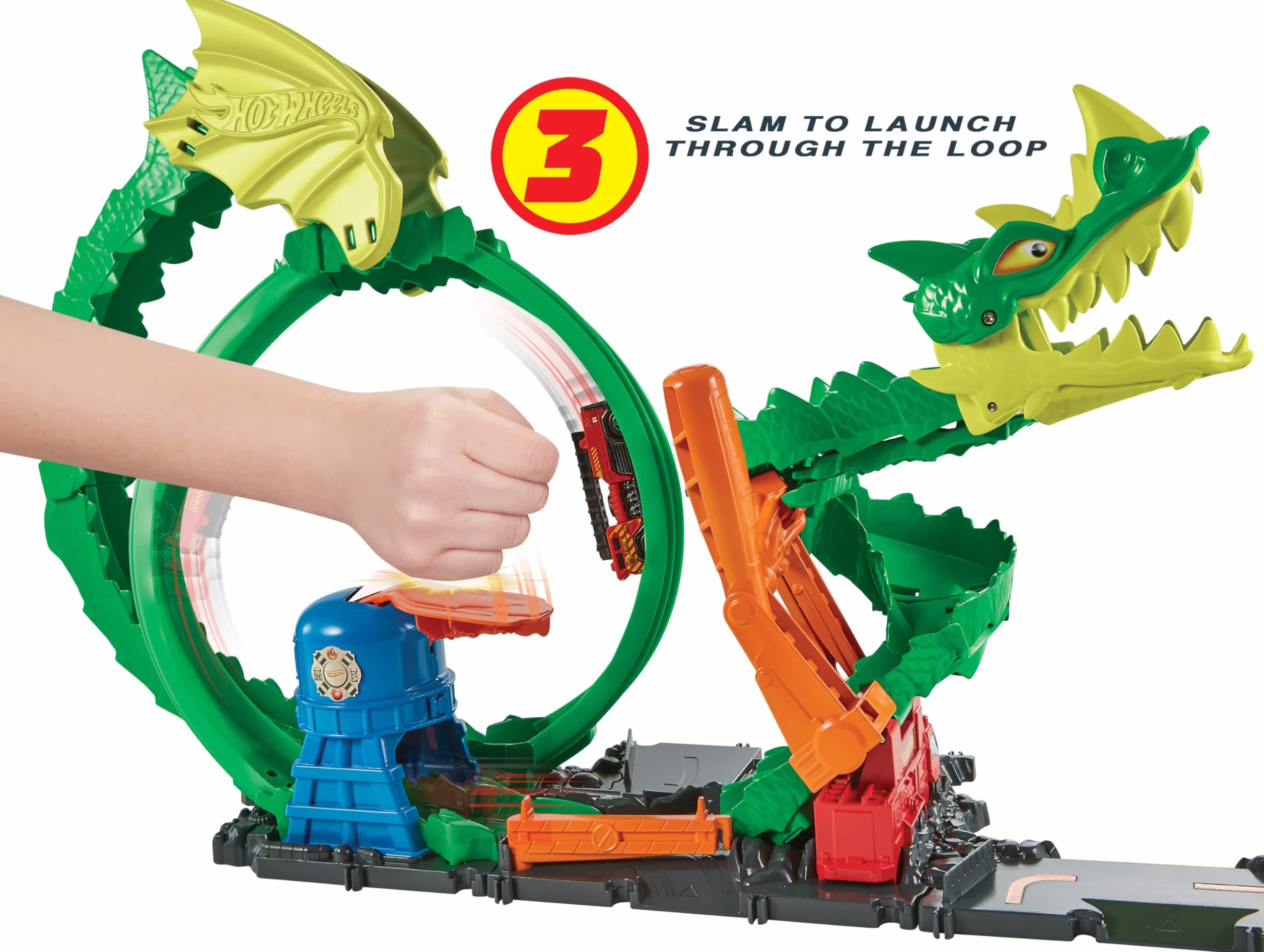 Hot Wheels Pętla smoka Zestaw do zabawy z wyzwaniami kaskaderskimi i 1 samochodzikiem Hot Wheels, łączy się z innymi zestawami, prezent dla dzieci od 3 do 8 lat, HDP03