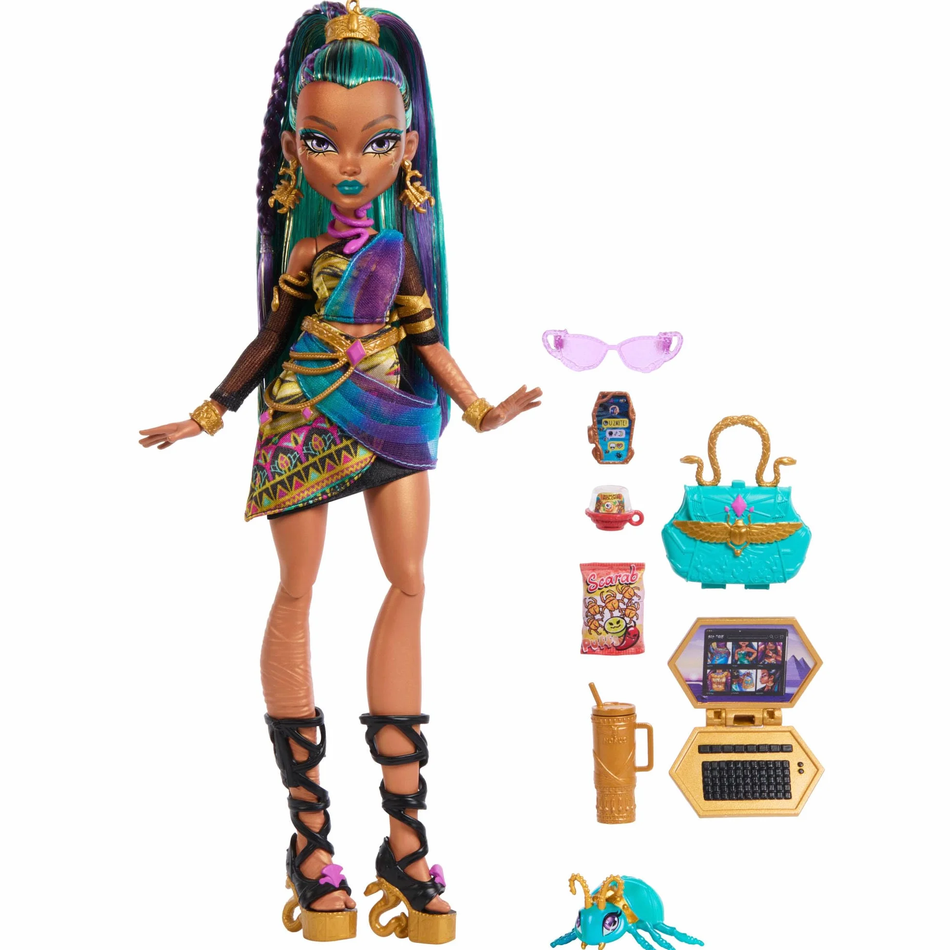 Monster High Nefera de Nile Lalka podstawowa, królewska mumia w sukience + skarabeusz Lavish i 7 akcesoriów, w tym torebka, „laptop”, okulary przeciwsłoneczne, zabawka dla dzieci 4+, JDR48