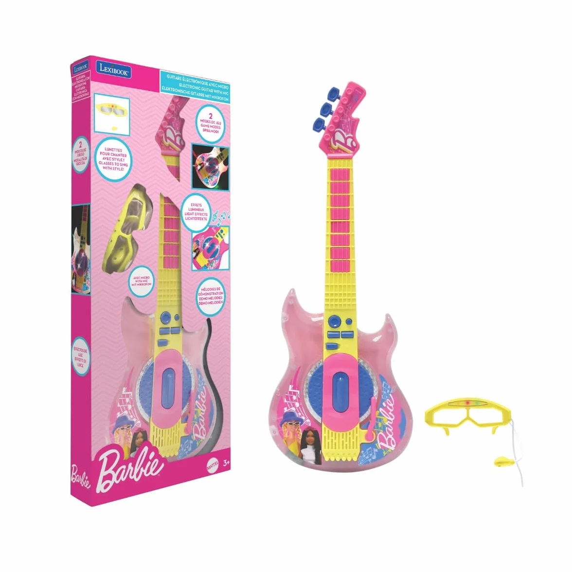 Lexibook, Barbie, Gitara Elektroniczna z Mikrofonem i Okularami do Śpiewania ze Stylem, 2 Tryby Gry, Melodie Demonstracyjne, Efekty Świetlne, Różowy, Żółty, K260BB