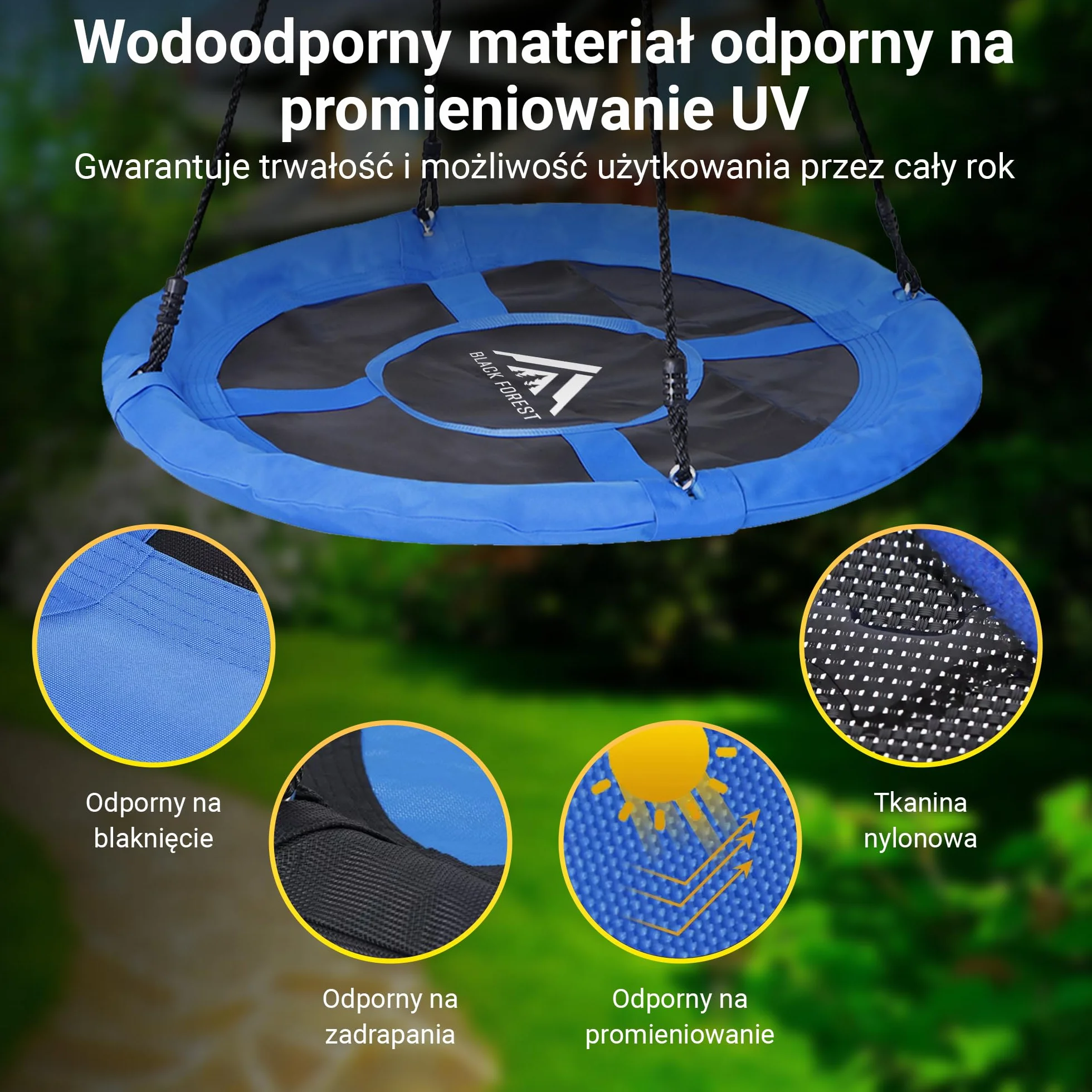 Extralink Huśtawka ogrodowa z gniazdem – średnica 100 cm, pojemność do 150 kg, z wyściełaną krawędzią i wytrzymałymi linami, idealna do wnętrz i na zewnątrz, do ogrodu i pokoju dziecięcego, niebieska