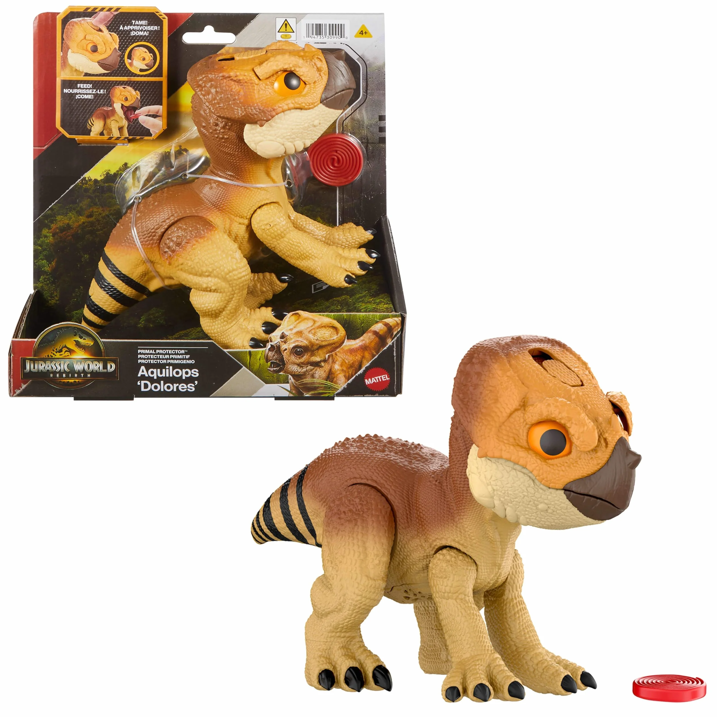 Mattel Jurassic World: Odrodzenie Aquilops Interaktywny przyjaciel dinozaur zabawka, figurka interaktywna z ruchem i dźwiękami, elektroniczna zabawka do „tresowania” z „jedzeniem”, JGC01