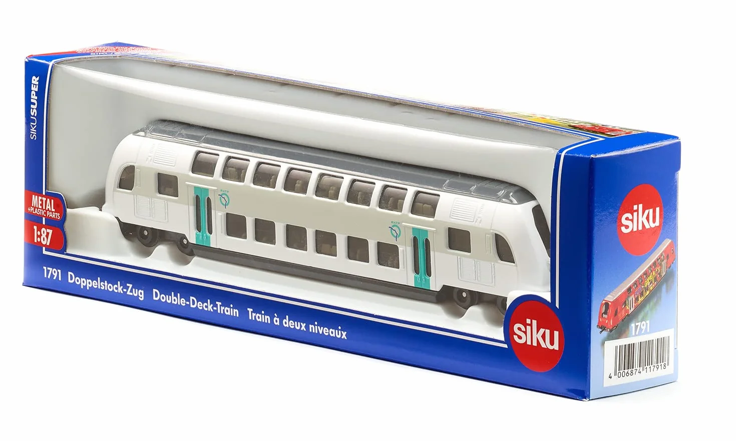 siku 1791001, podwójny pociąg RATP Francja, 1:87, metal/tworzywo sztuczne, turkusowy/biały, kompatybilny z innymi zabawkami siku