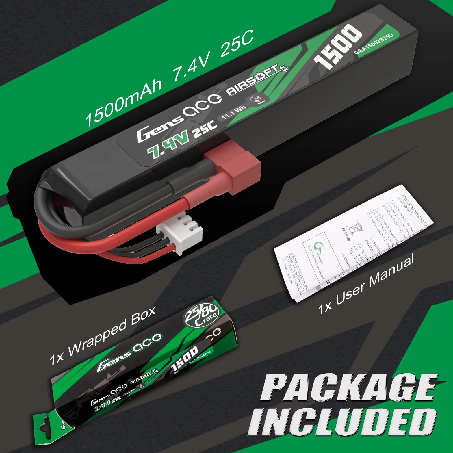 Gens ace Akumulator LiPo 2S 1500 mAh 25C 7,4 V LiPo z wtyczką Deans T, pasuje do modeli RC i trzonków LE