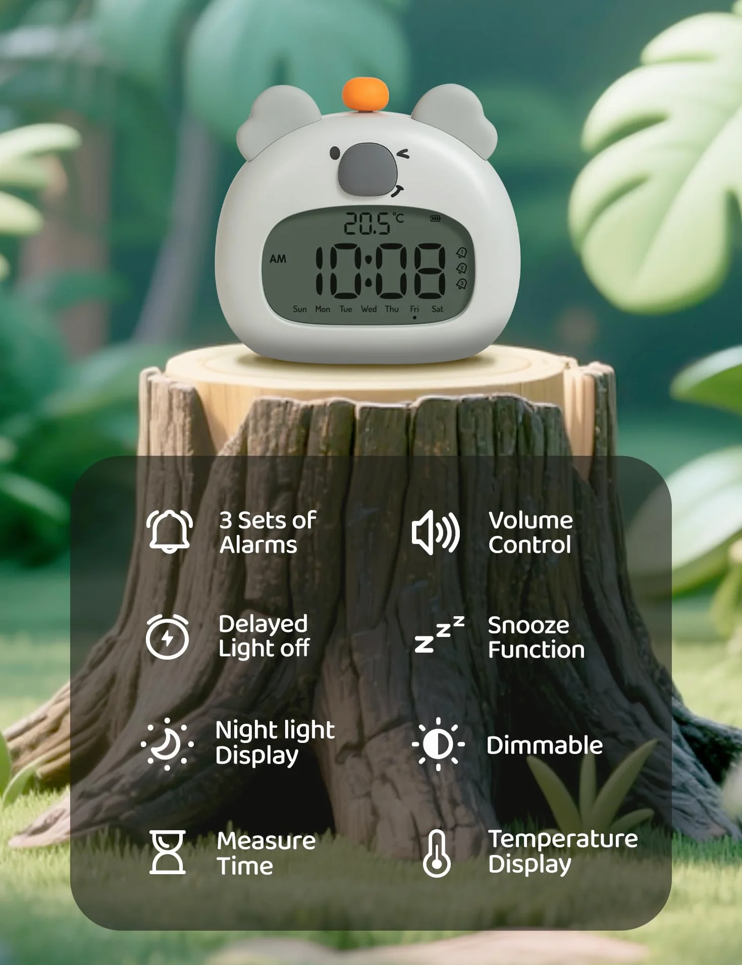 IHALO Koala budzik dziecięcy, stolik nocny z koala, cyfrowy wyświetlacz LED, 3,15 cala, trzy alarmy, tryb weekendowy, data, godzina, temperatura, możliwość ponownego ładowania, dekoracja do pokoju