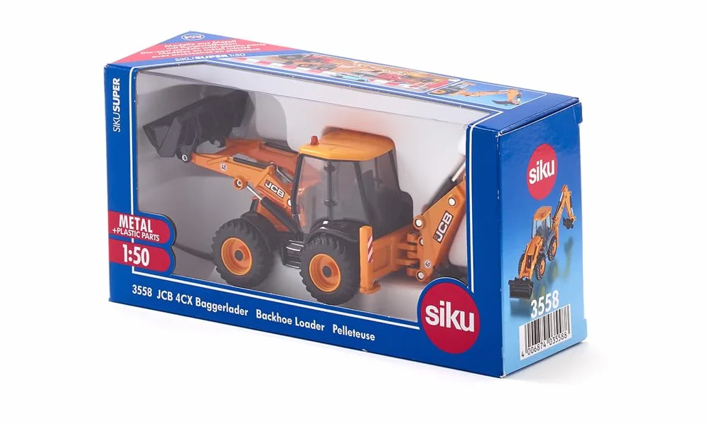 Siku 3558, Koparko-ładowarka JCB 4CX, 1:50, Metal/Tworzywo sztuczne, Żółty, Liczne funkcje, Można łączyć z modelami Siku w tej samej skali