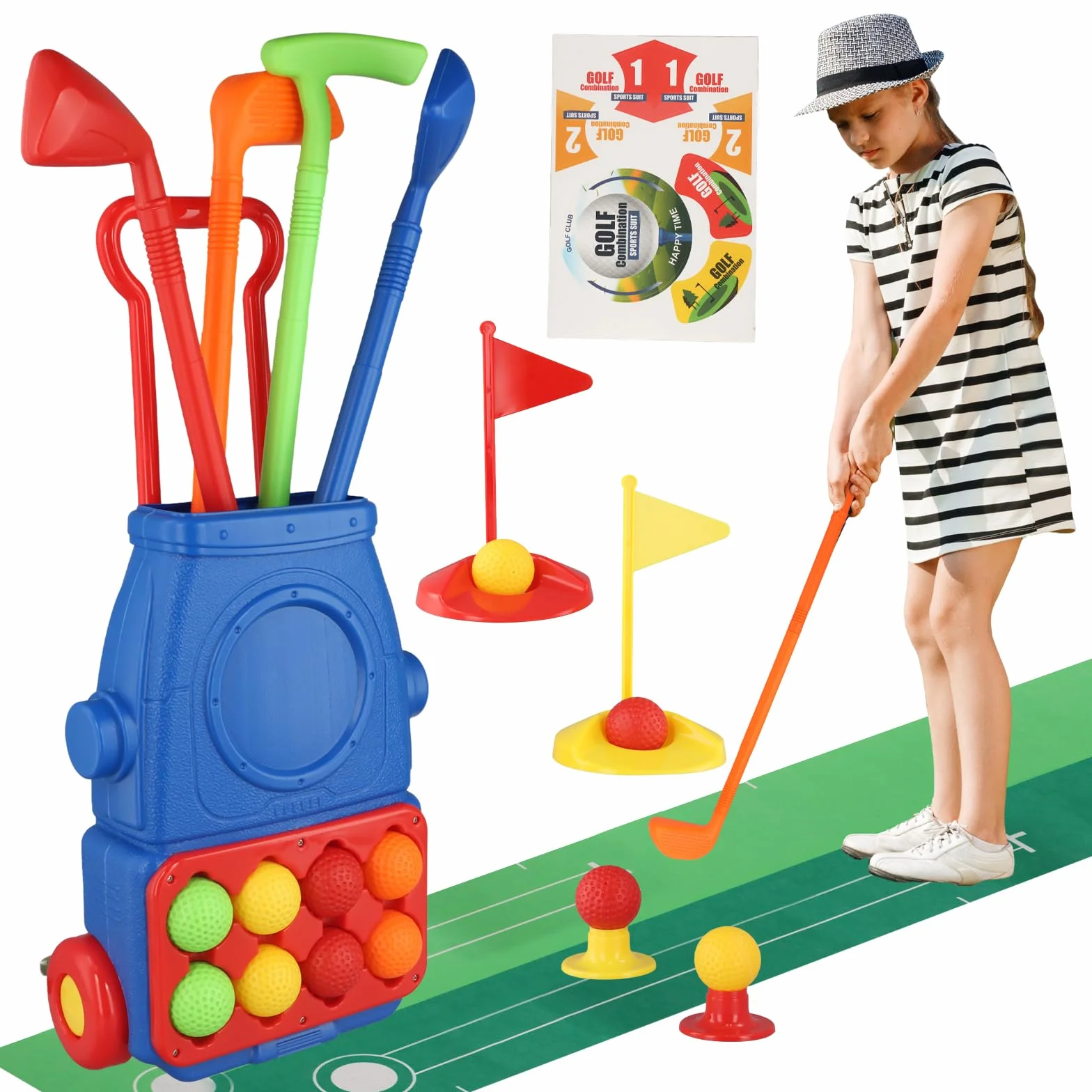 Zestaw zabawek golfowych dla dzieci, walizka golfowa, 4 kije golfowe, 8 piłek, gry na zewnątrz dla dzieci, zestaw zabawek golfowych dla dzieci, zabawki golfowe dla chłopców, dziewcząt