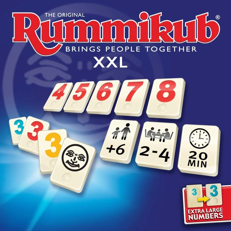 Rummikub XXL z większymi liczbami. Łatwiejszy do odczytania. Słynna gra strategiczna dla całej rodziny. TWÓRZ trójkąty lub drabiny. Baw się dobrze w tej grze dla wszystkich grup wiekowych, 928842